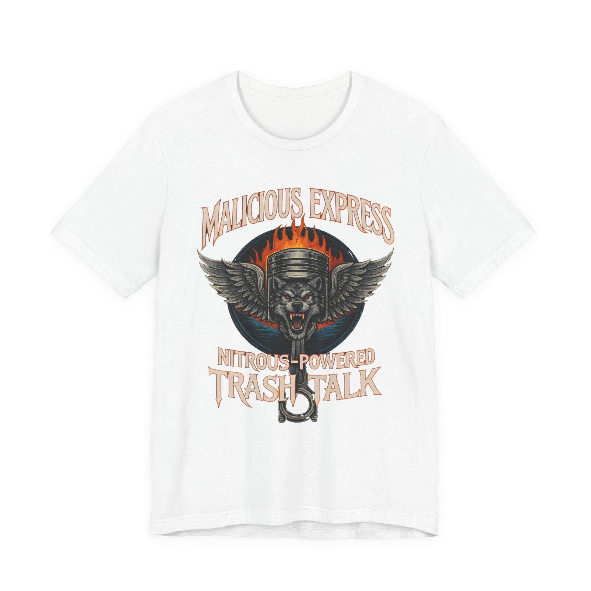 White t-shirt with graphic design and  'Malicious Express Nitrous-Powered Trash Talk' text on a white background