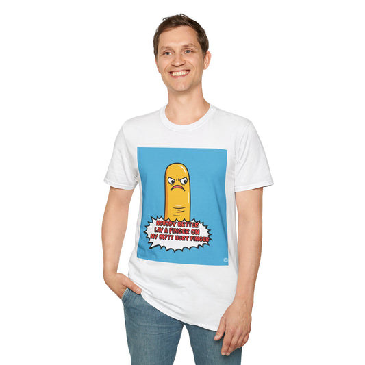 Person wearing a white t-shirt with a graphic design and text 'Nobody better lay a finger on my butt hurt finger' on a white background