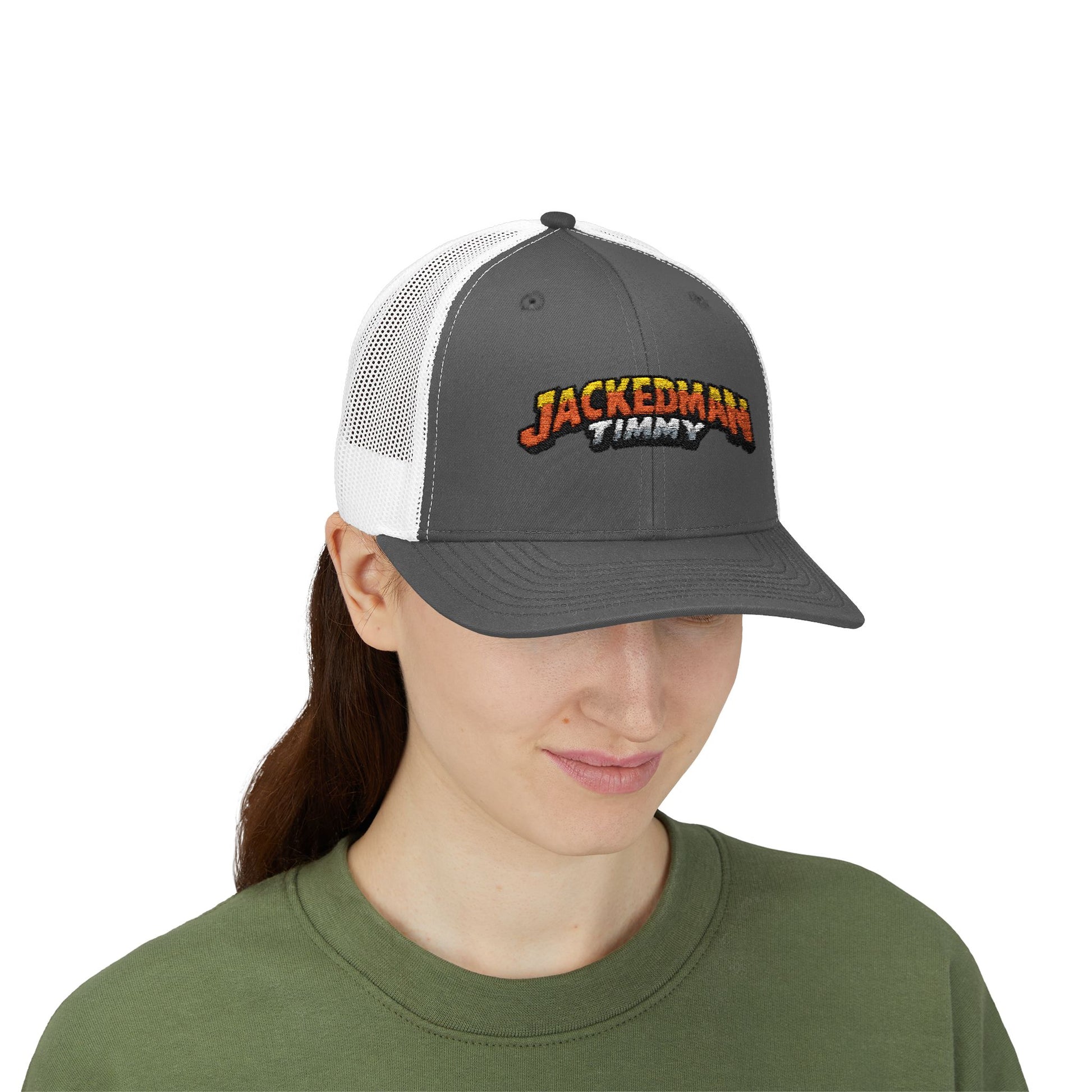 Person wearing a black and white cap with 'Jackedman Timmy' logo on a white background