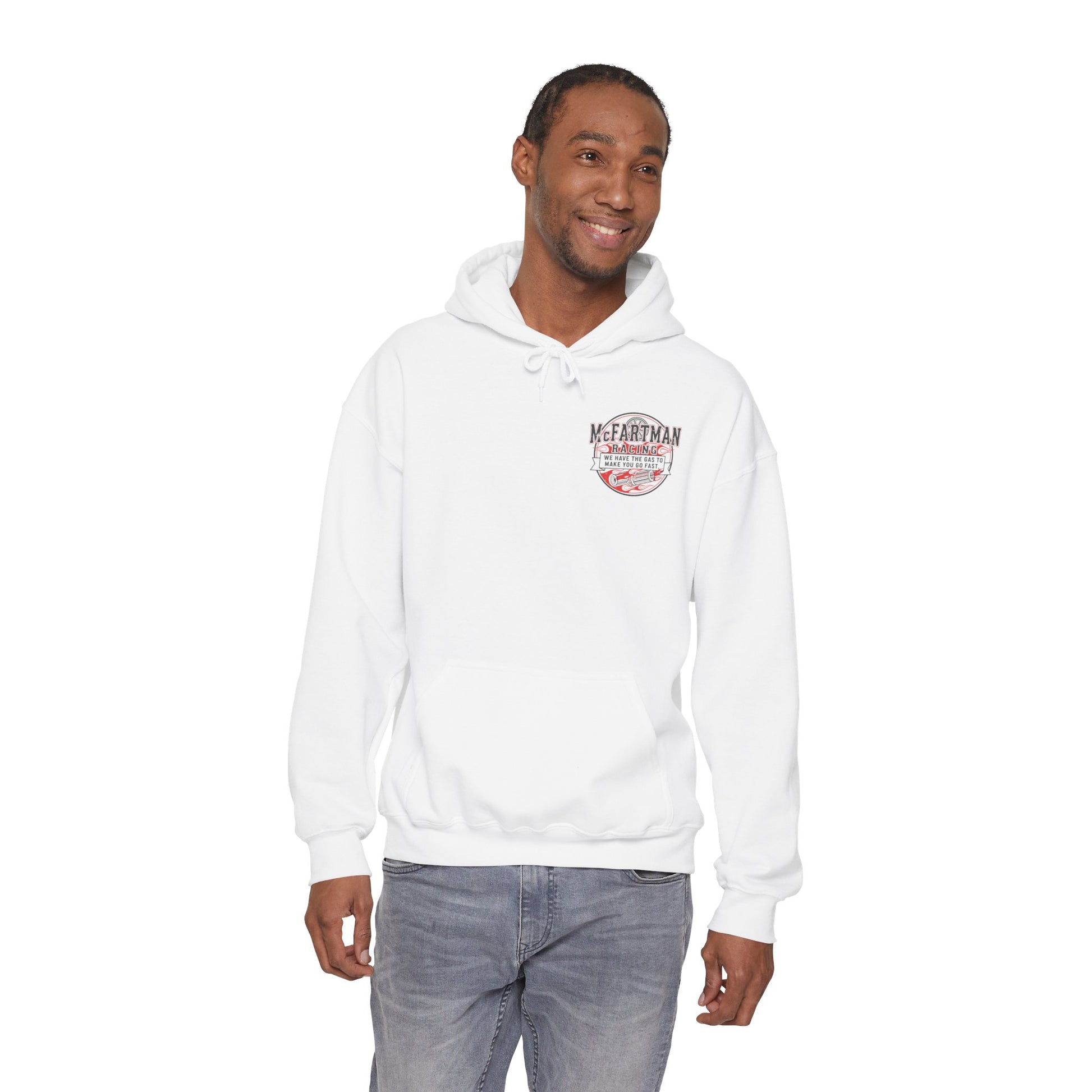 Man wearing a white hoodie with a logo McFartman Racing We have the gas to make you go fast on a white background