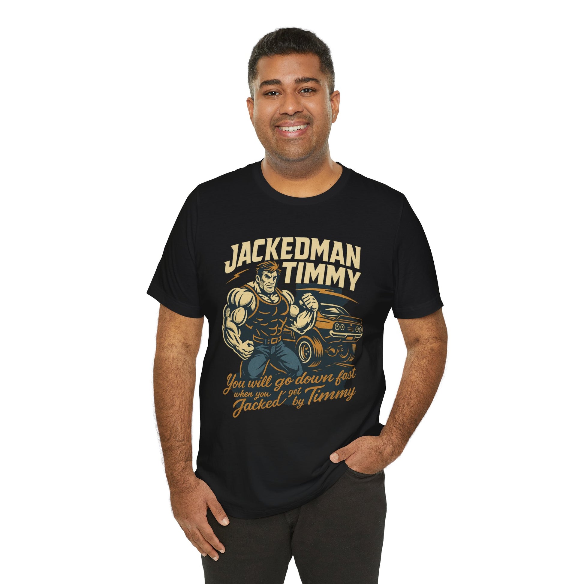 Man wearing a black t-shirt with 'Jackedman Timmy' graphic design on a white background
