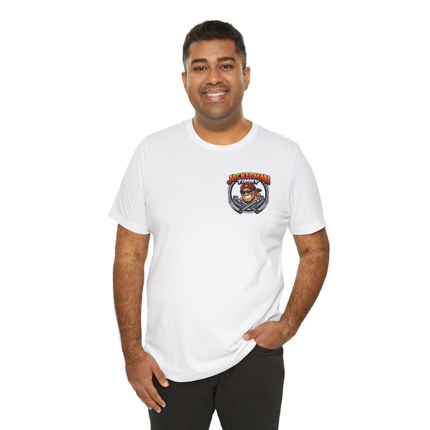 Man wearing a white t-shirt with a Jackedman Timmy Race Jacks logo on a white background