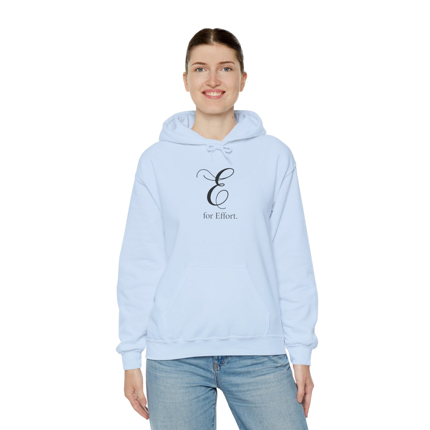 Person wearing a light blue hoodie with a logo and text 'E for Effort' on a white background