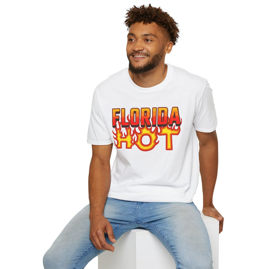 Man wearing a white t-shirt with 'FLORIDA HOT' text, sitting on a white stool against a white background