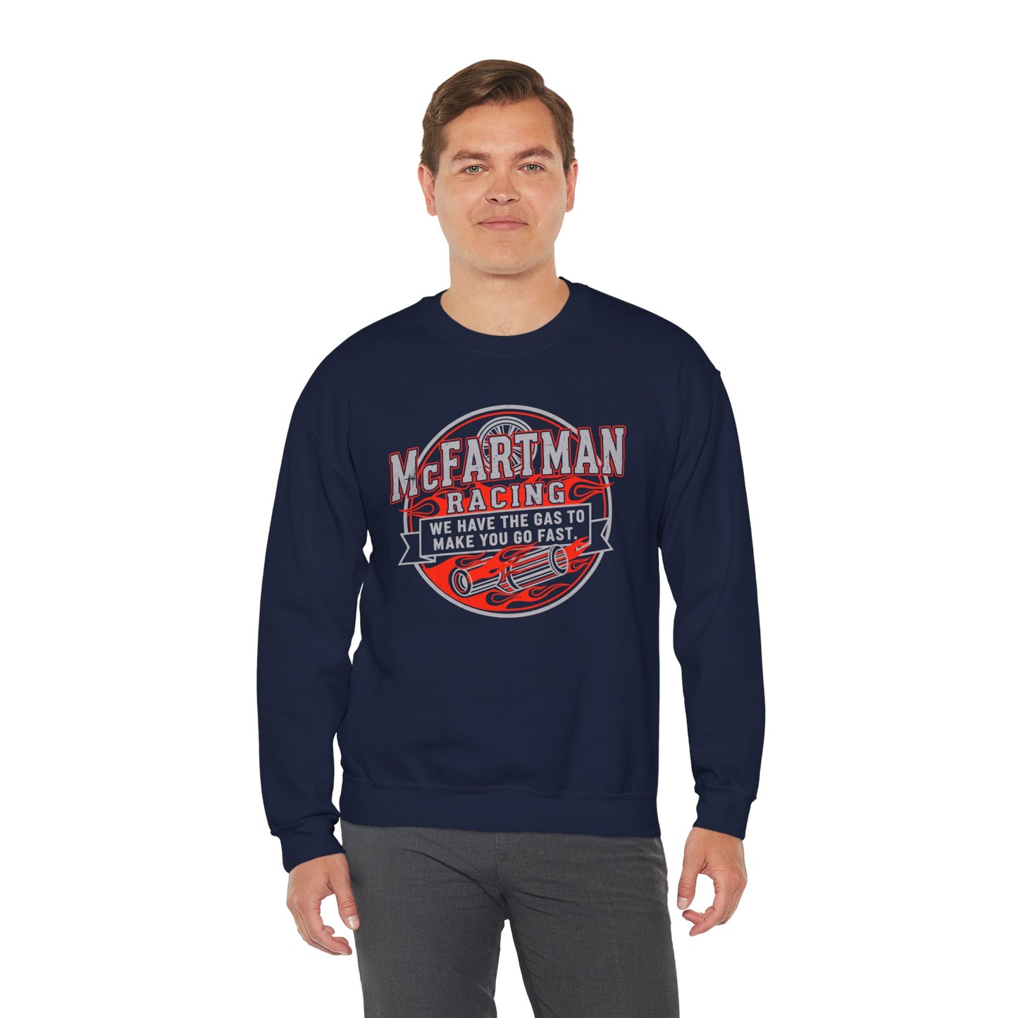 Man wearing a navy blue sweatshirt with a racing graphic and text McFartman Racing We have the gas to make you go fast on a white background