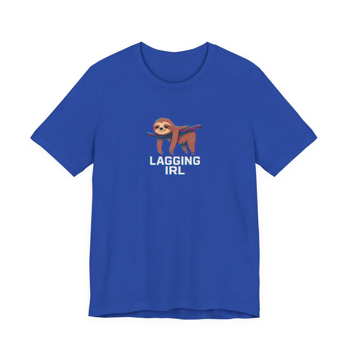 Blue t-shirt with a sloth graphic and 'LAGGING IRL' text on a white background