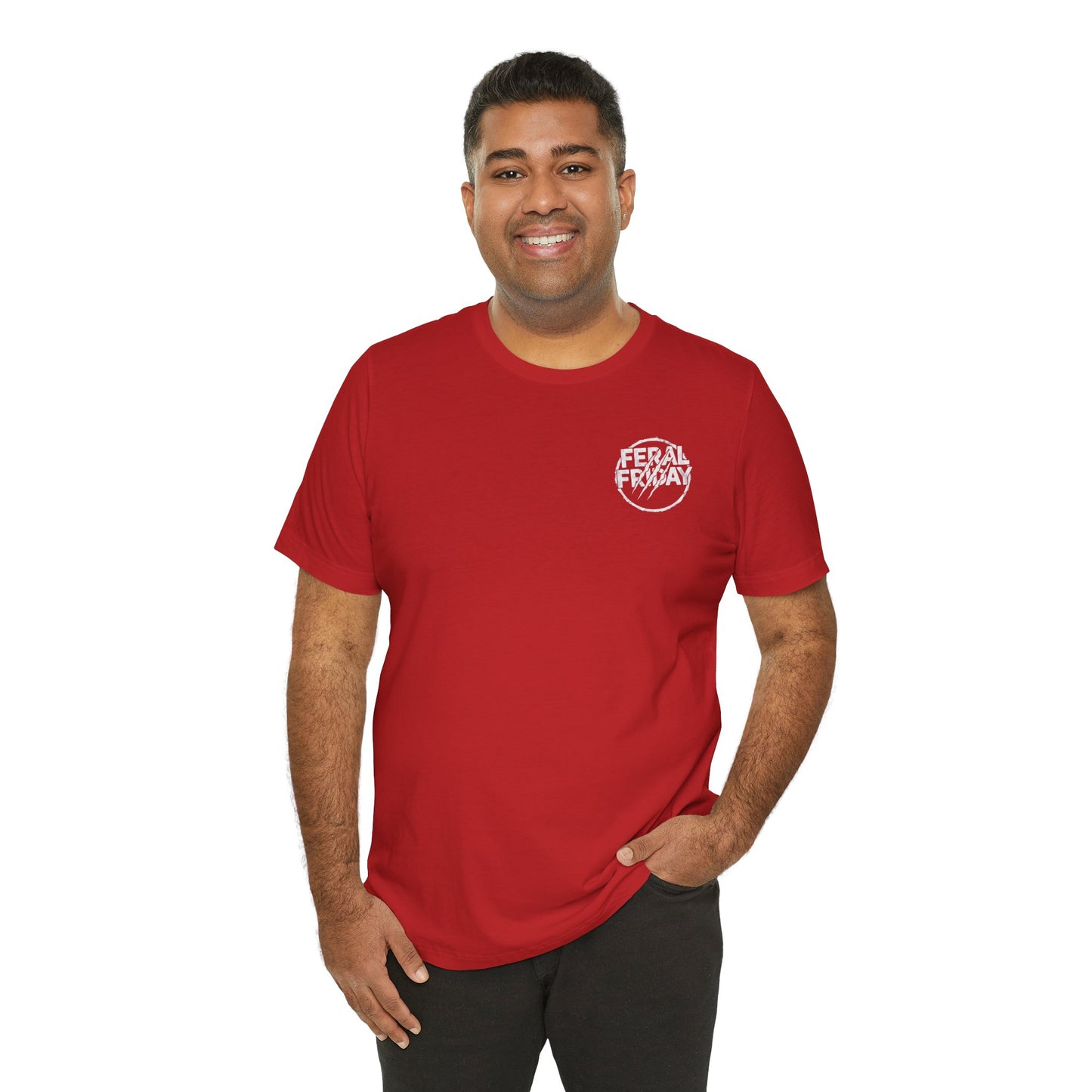 Man wearing a red t-shirt with a 'Feral Friday' logo on a white background