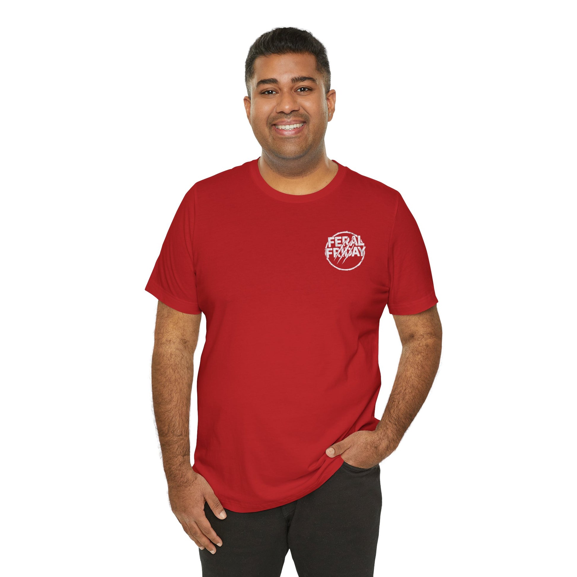 Man wearing a red t-shirt with a 'Feral Friday' logo on a white background