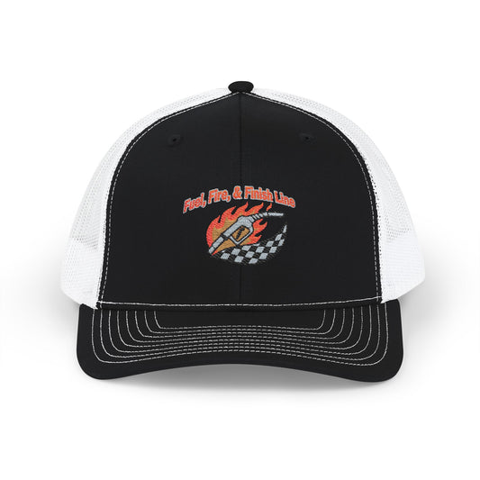 Black and white cap with a logo and text 'Fuel, Fire & Finish Line' on a white background 