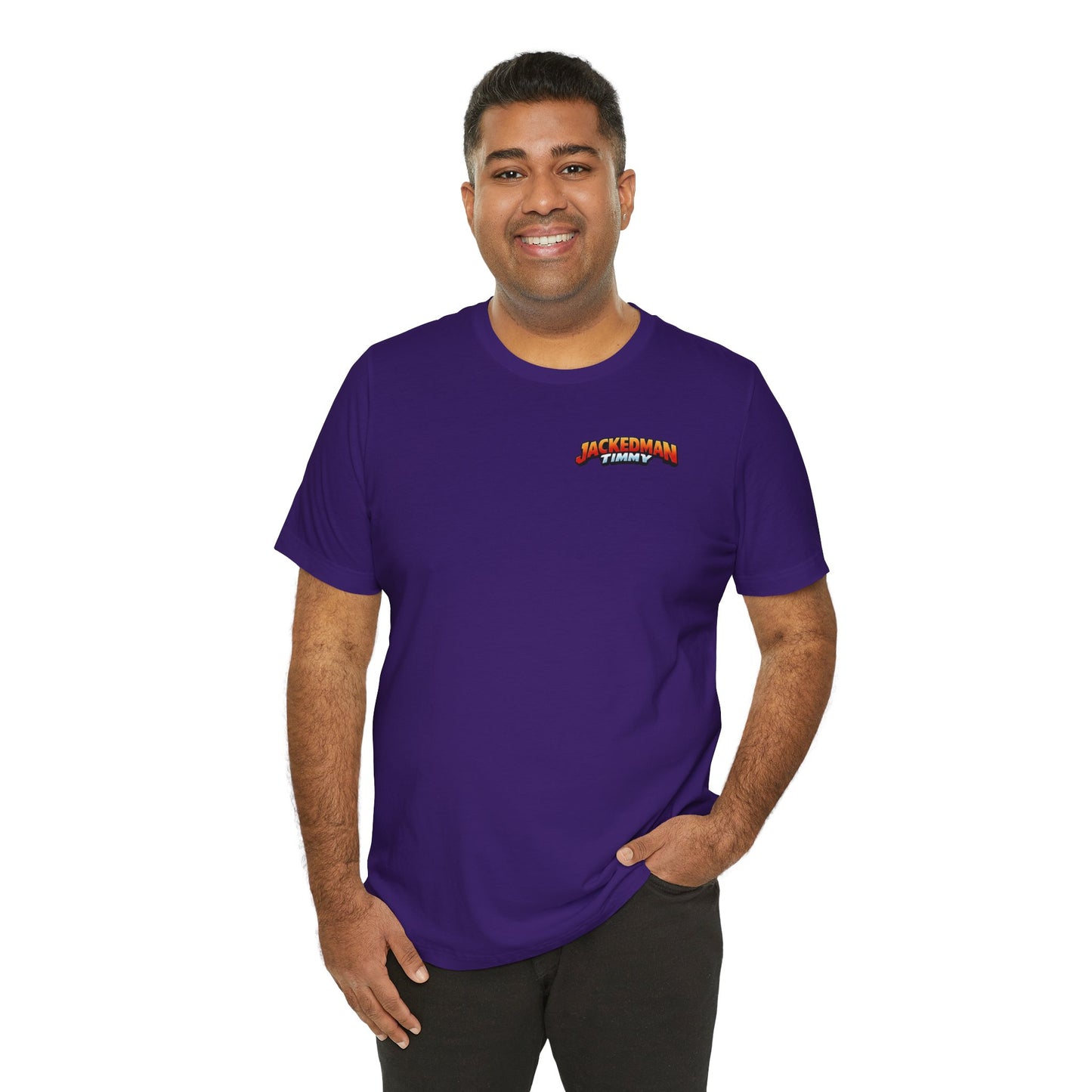 Man wearing a purple t-shirt with a 'Jackedman Timmy' logo on a white background