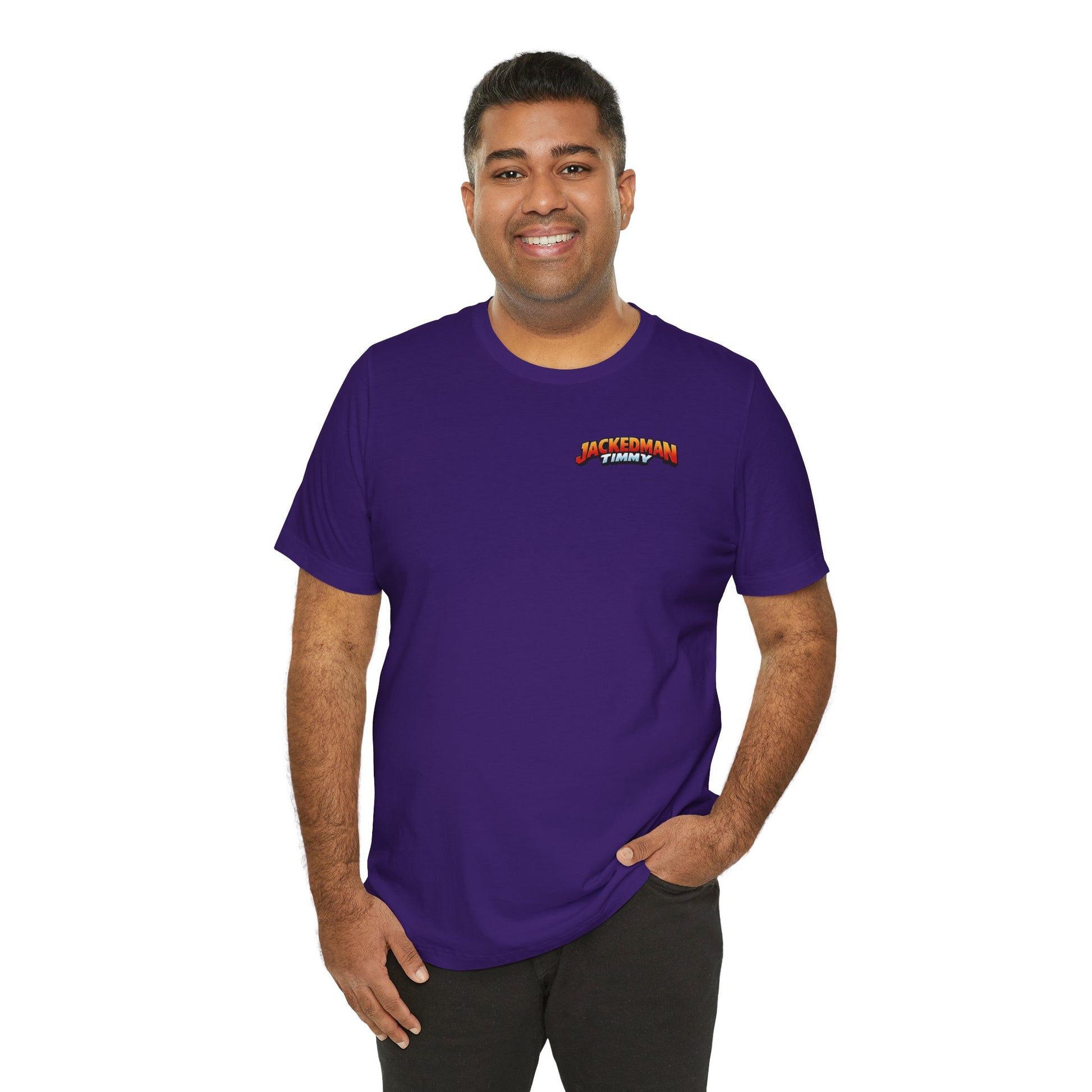Man wearing a purple t-shirt with a 'Jackedman Timmy' logo on a white background