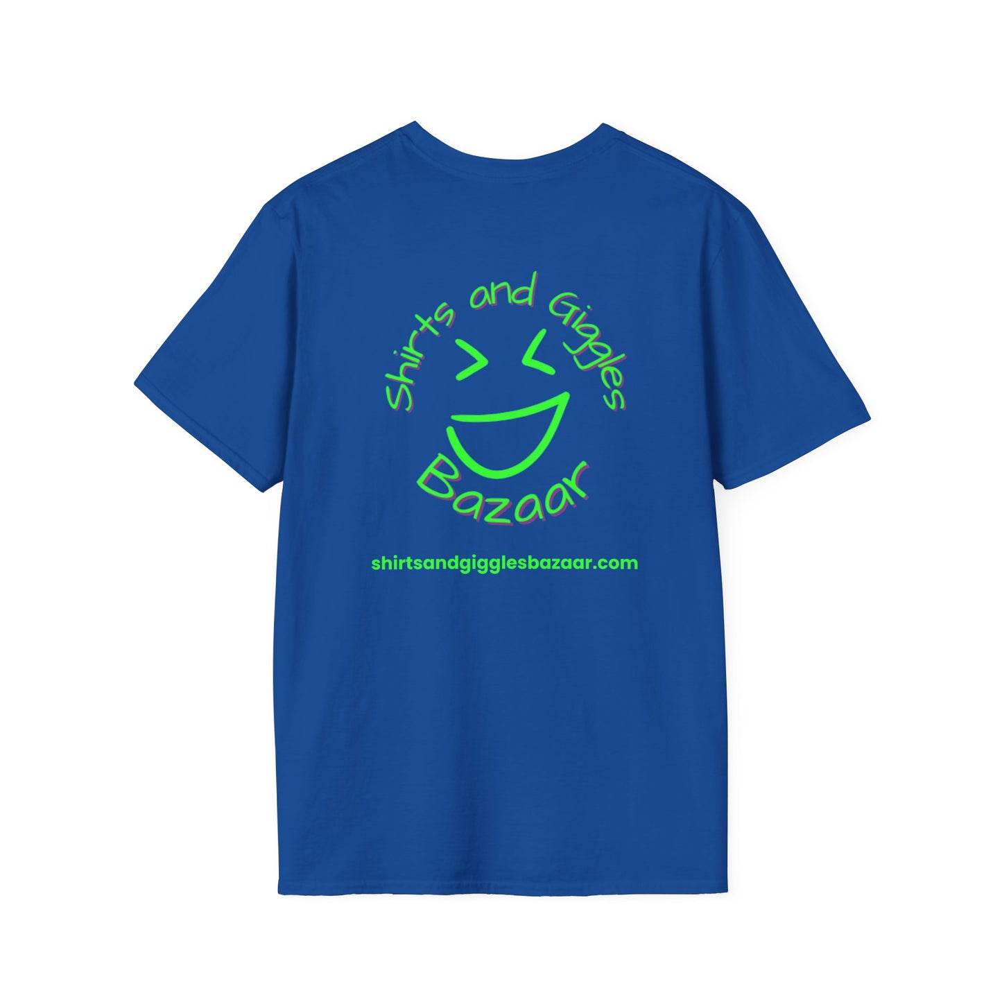 Blue t-shirt with green text 'Shirts and Giggles Bazaar' and smiley face design on a white background