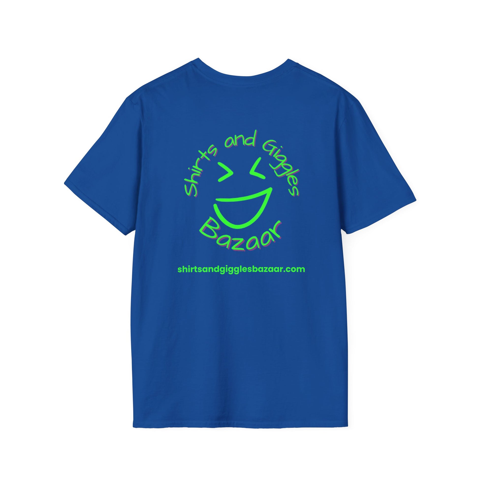 Blue t-shirt with green text 'Shirts and Giggles Bazaar' and smiley face design on a white background