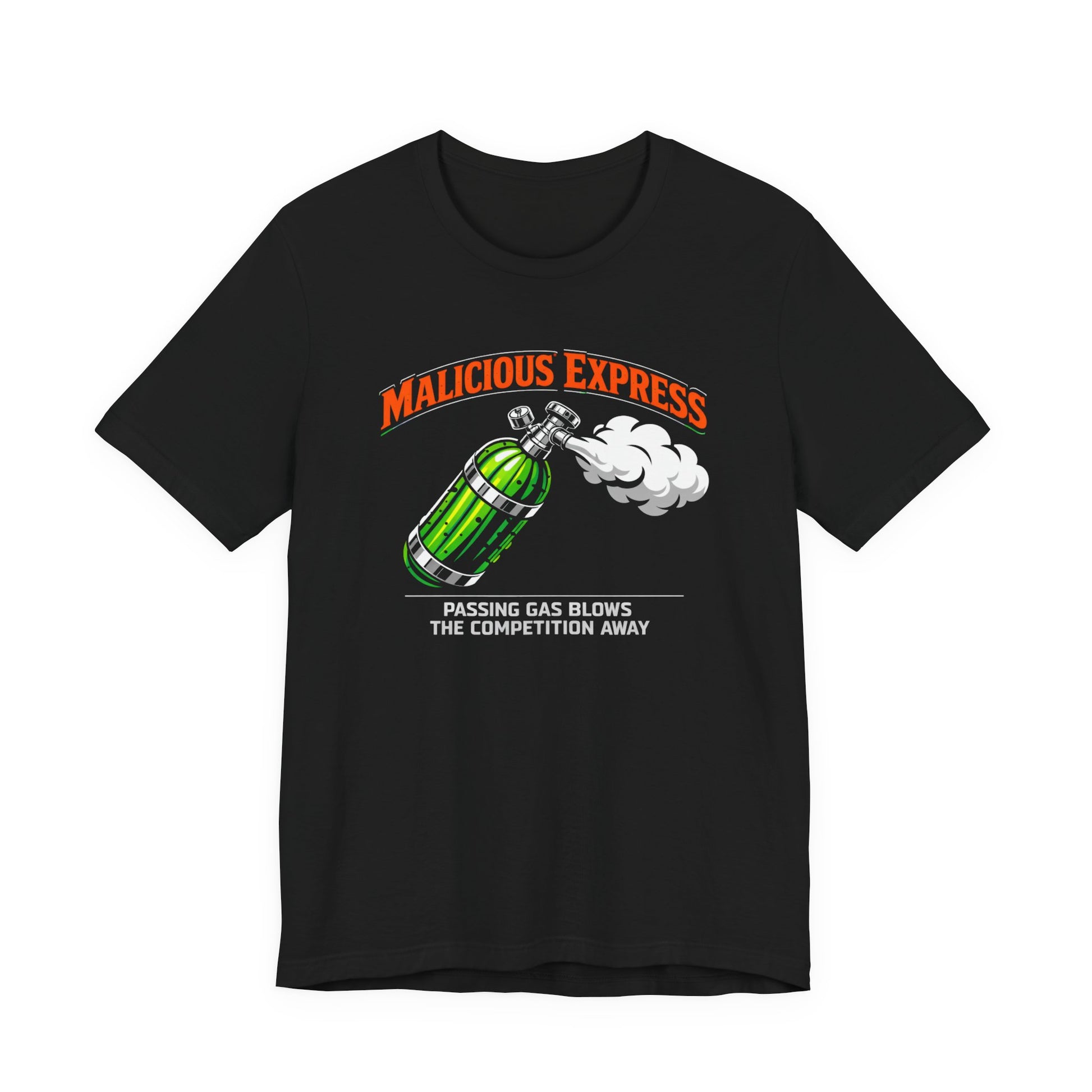 Black t-shirt with 'Malicious Express' graphic design on a white background