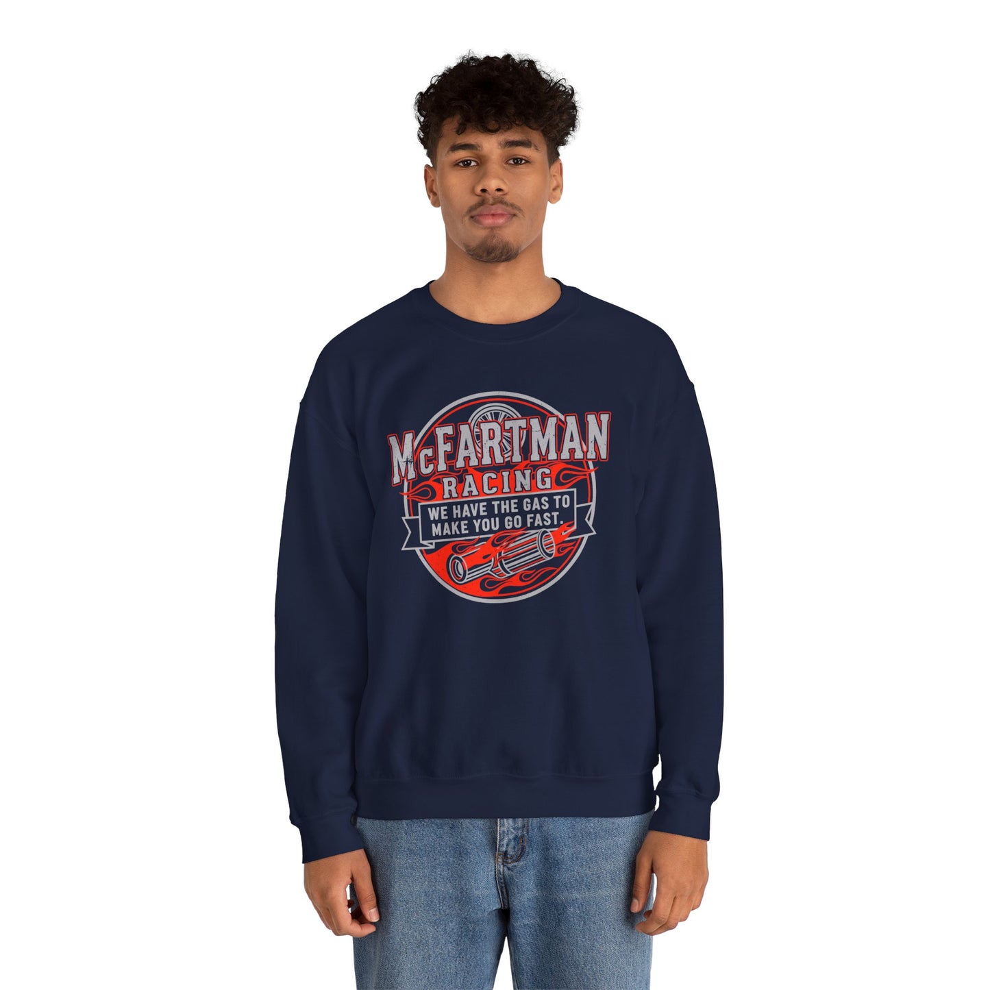 Person wearing a navy blue sweatshirt with 'McFarman Racing' graphic design on a white background