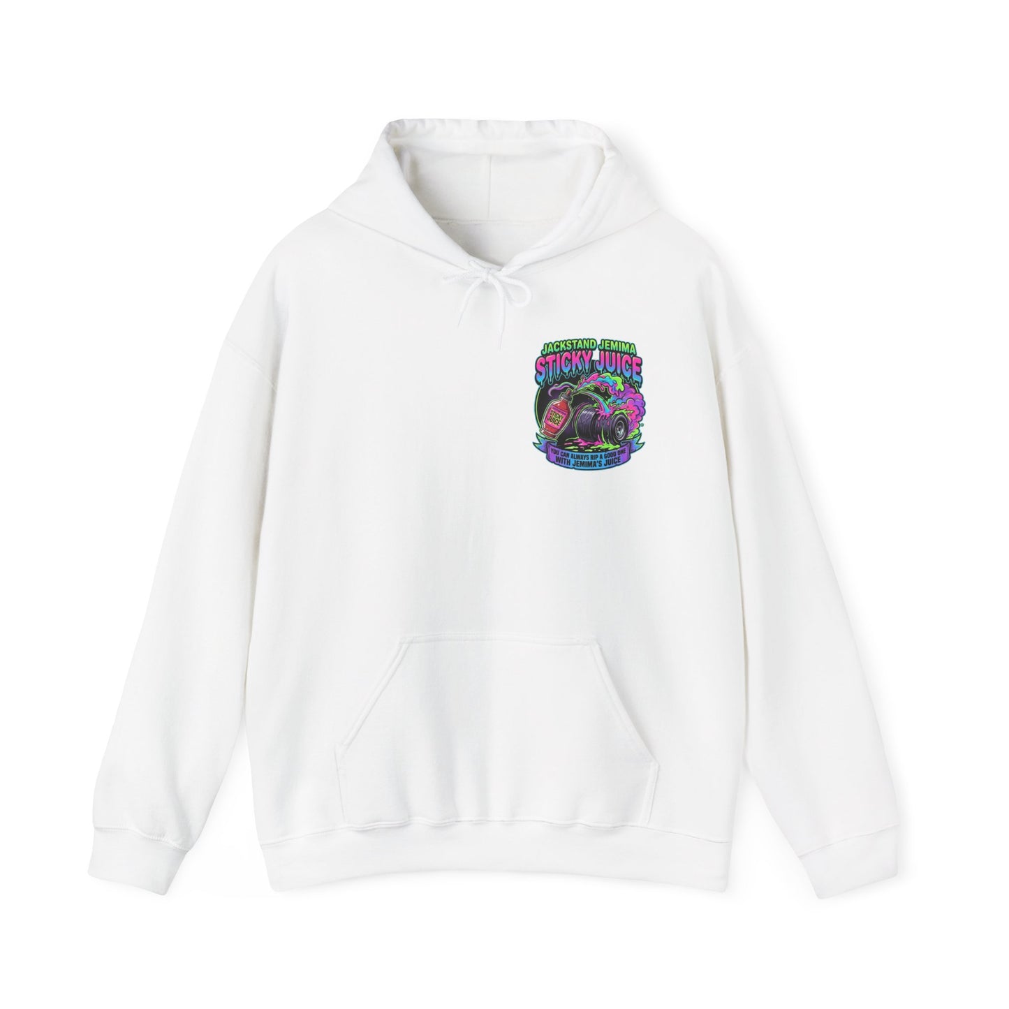 White hoodie with colorful graphic 'Jackstand Jemima' logo on a white background