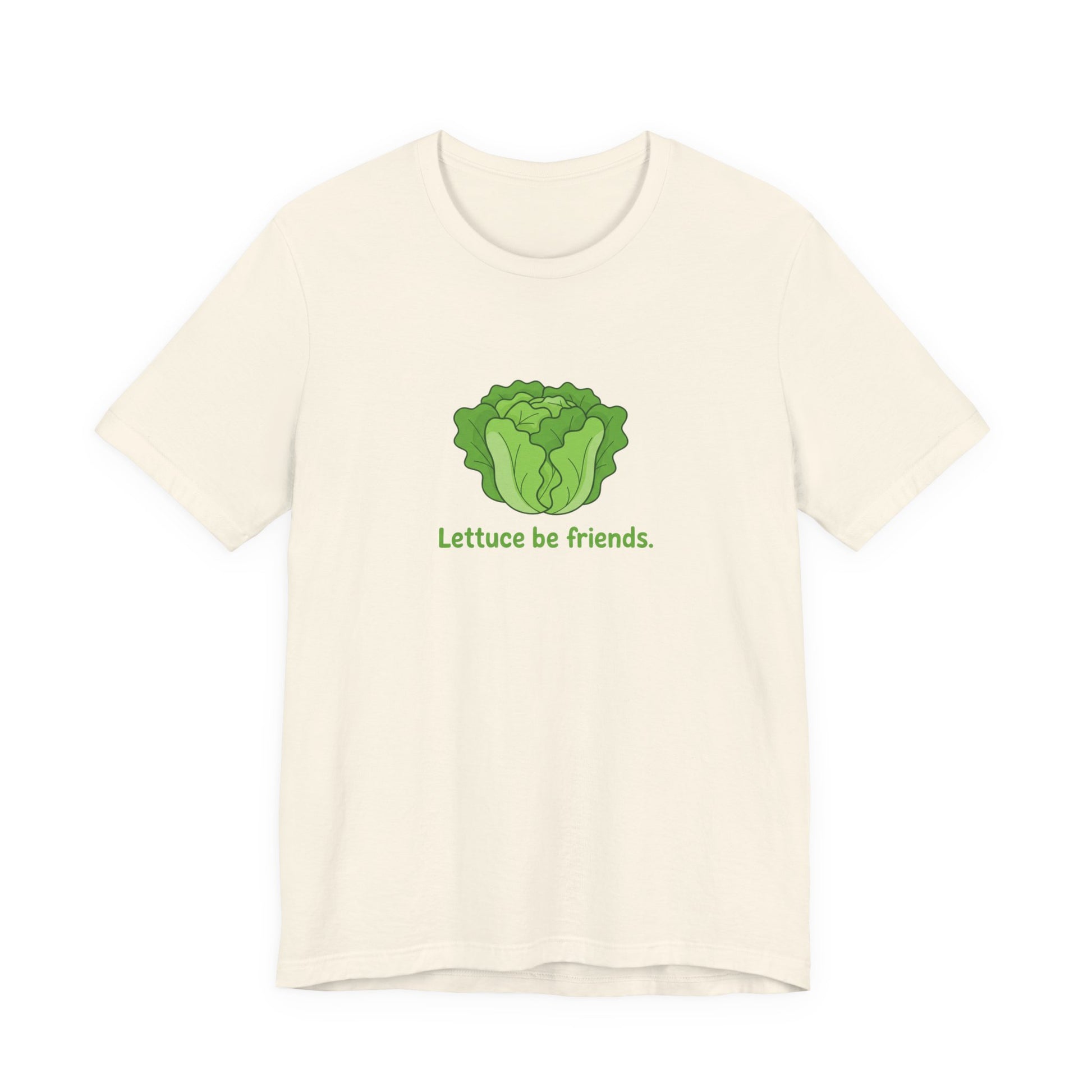 Beige t-shirt with green lettuce graphic and text 'Lettuce be friends' on a white background