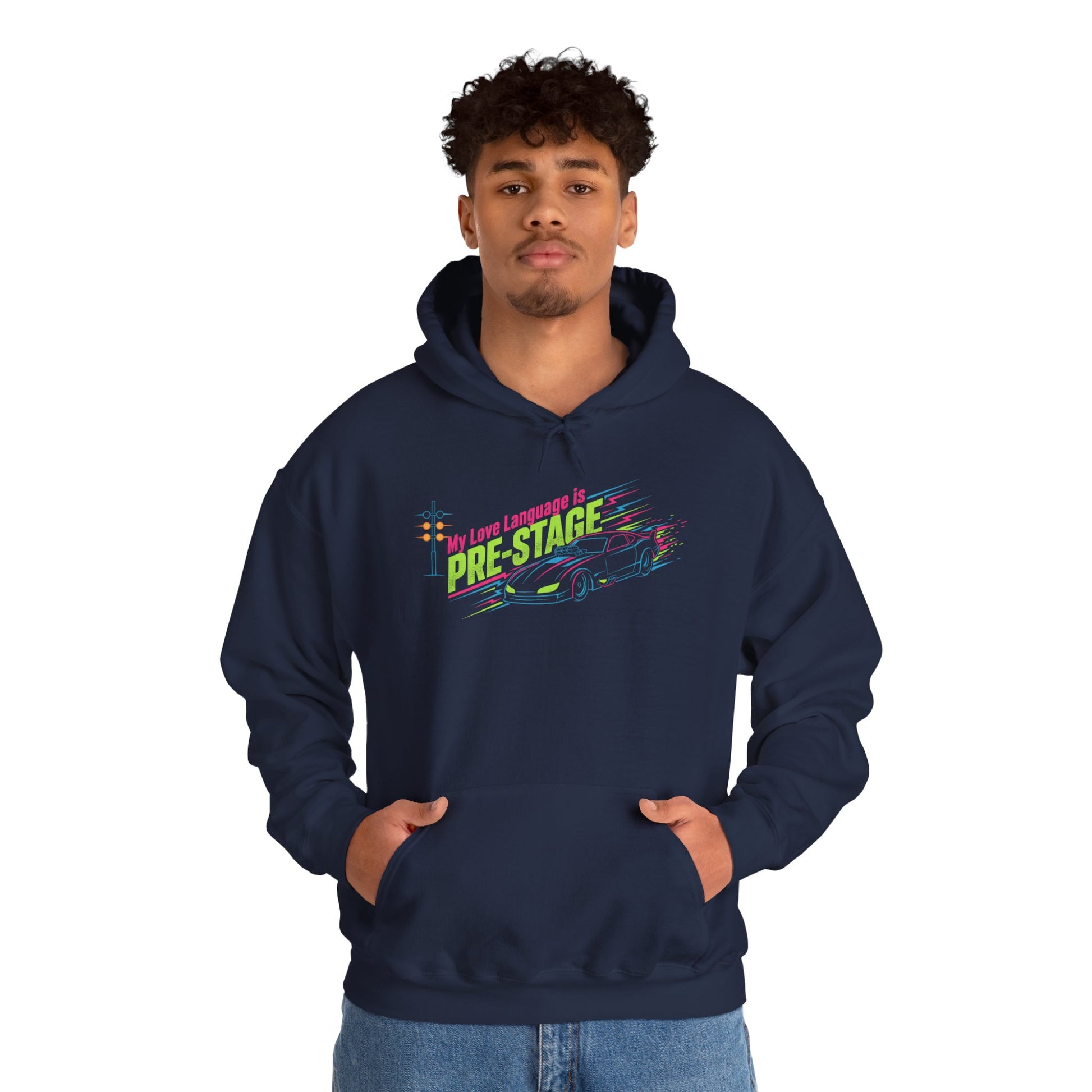 Person wearing a navy hoodie with colorful text 'My Love Language is Pre-Stage' design on a white background