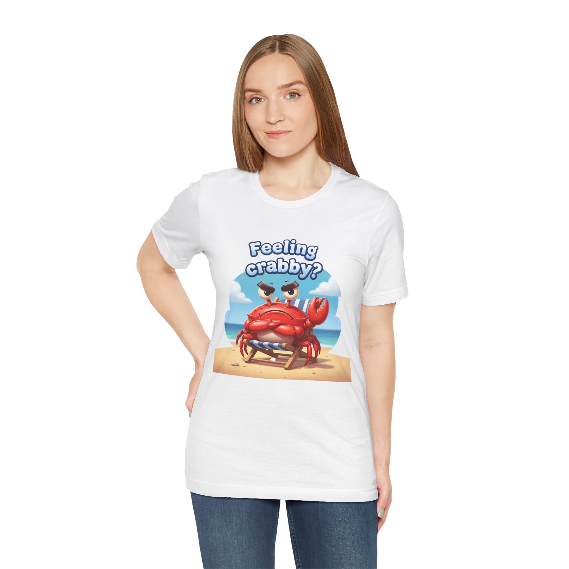 Person wearing a white t-shirt with a cartoon crab graphic and text 'Feeling crabby?' on a white background
