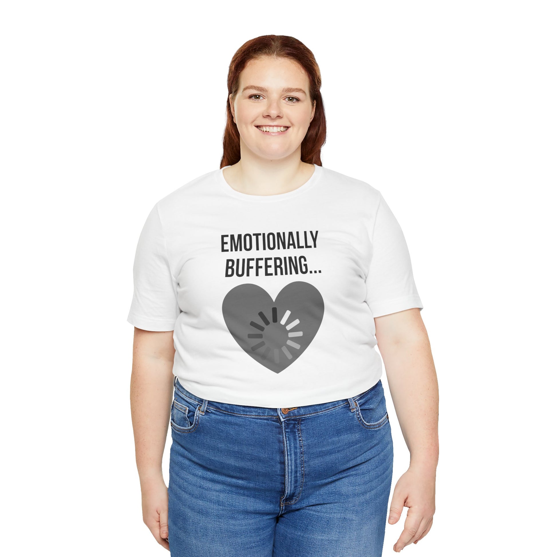 Person wearing a white t-shirt with 'Emotionally Buffering' design on a white background