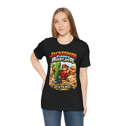 Person wearing a black t-shirt with 'Jackedman Tommy Jacks' graphic design on a white background