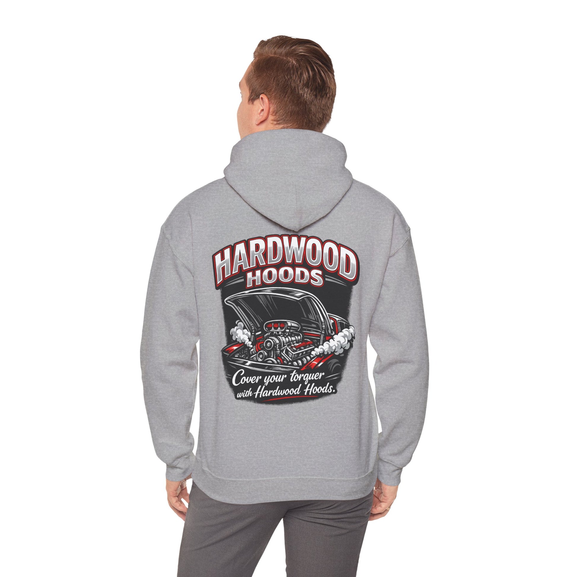 Person wearing a gray hoodie with 'Hardwood Hoods' branding on the back.