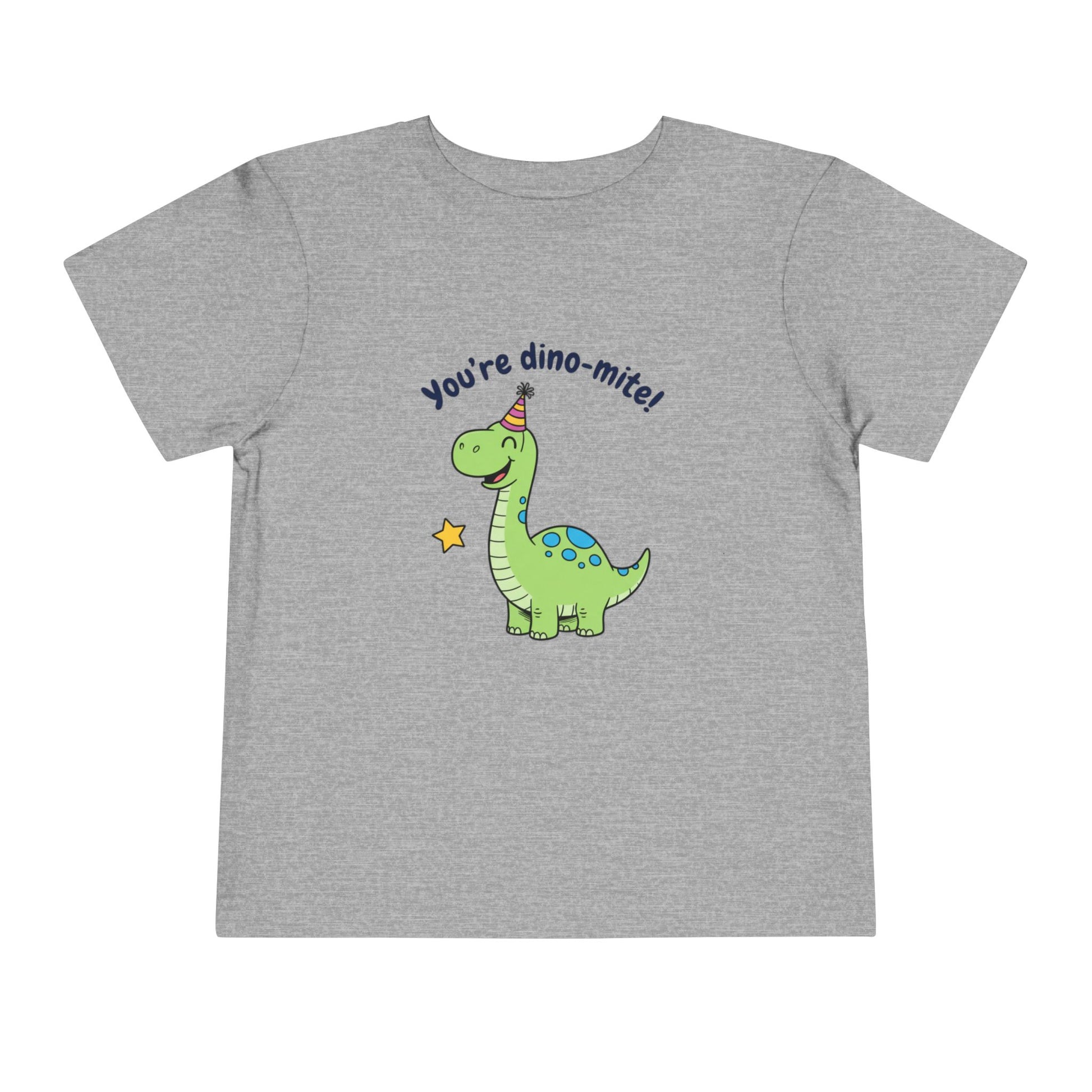 Gray t-shirt with a green dinosaur and text on a white background