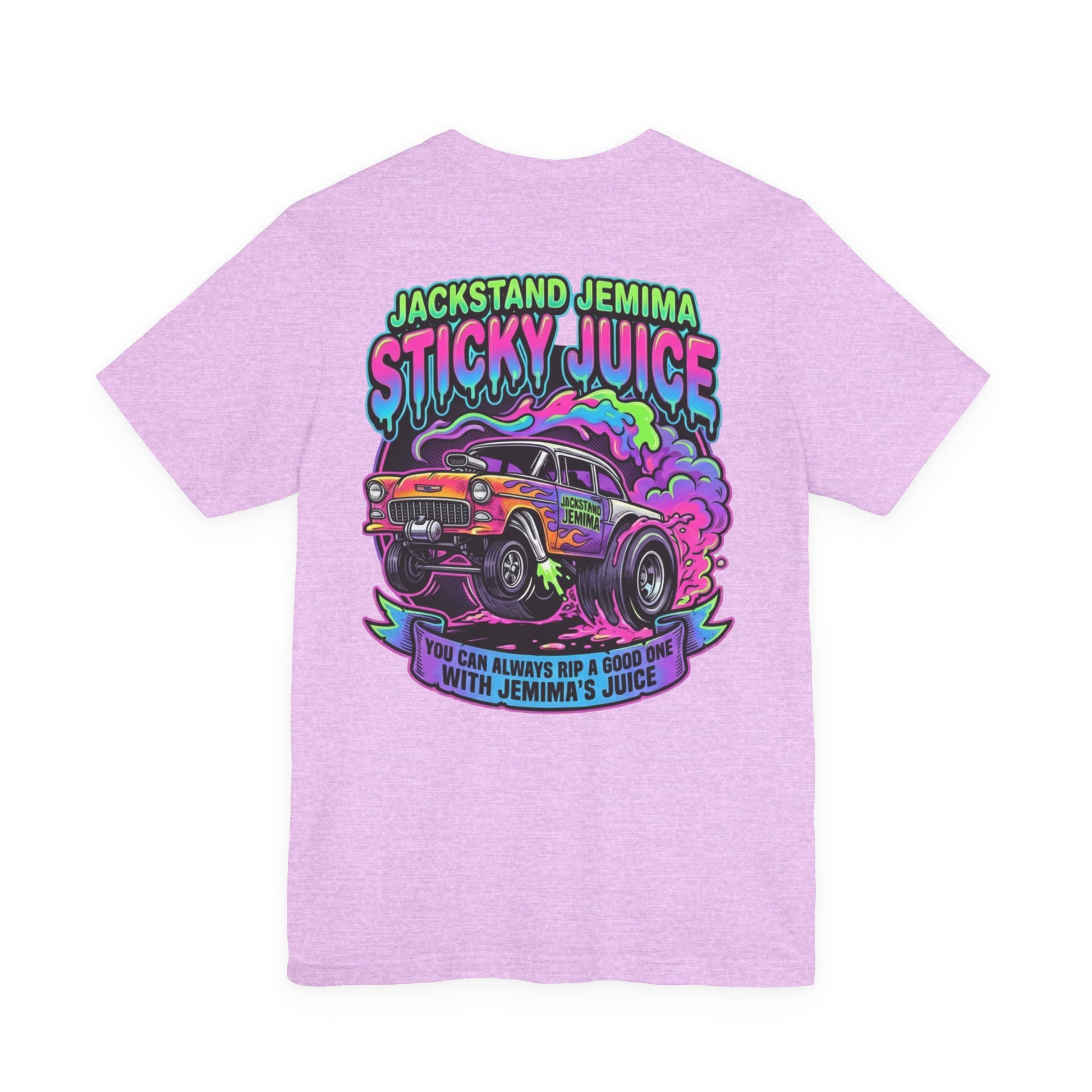 Light purple t-shirt with colorful graphic design and  'Jackedstand Jemima Sticky Juice You Can Always Rip A Good One With Jemima's Juice' text on a white background