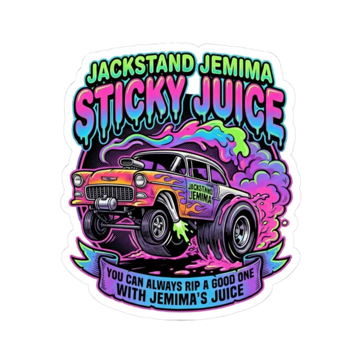 Sticker with colorful design of a car and 'Jackstand Jemima Sticky Juice' text on a white background.
