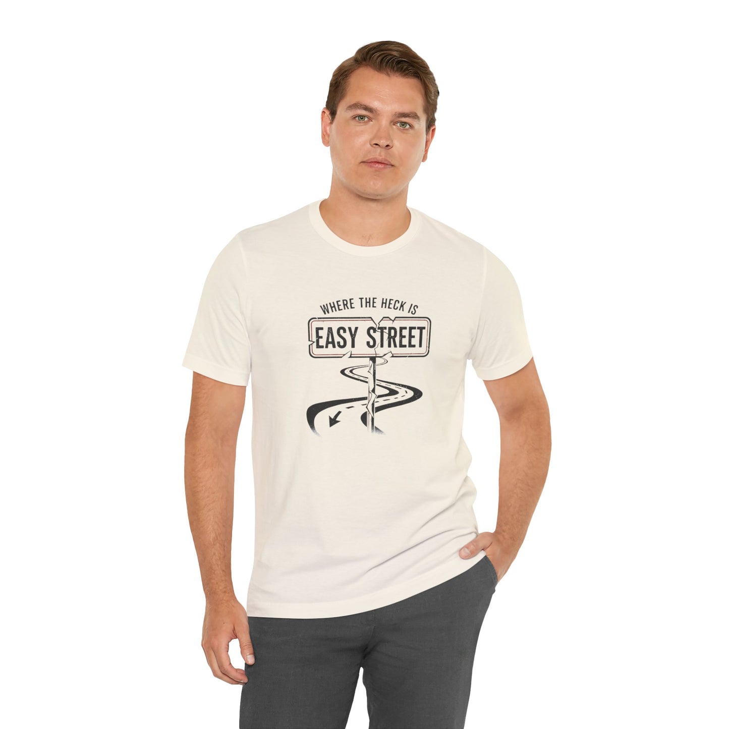Man wearing a white t-shirt with a graphic design and text 'Where the heck is Easy Street' on a white background