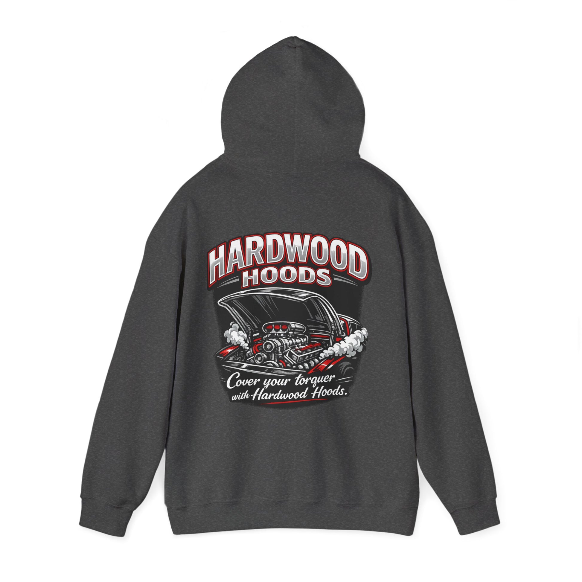 Gray hoodie with 'Hardwood Hoods' graphic on the back