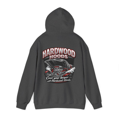 Gray hoodie with 'Hardwood Hoods' graphic on the back