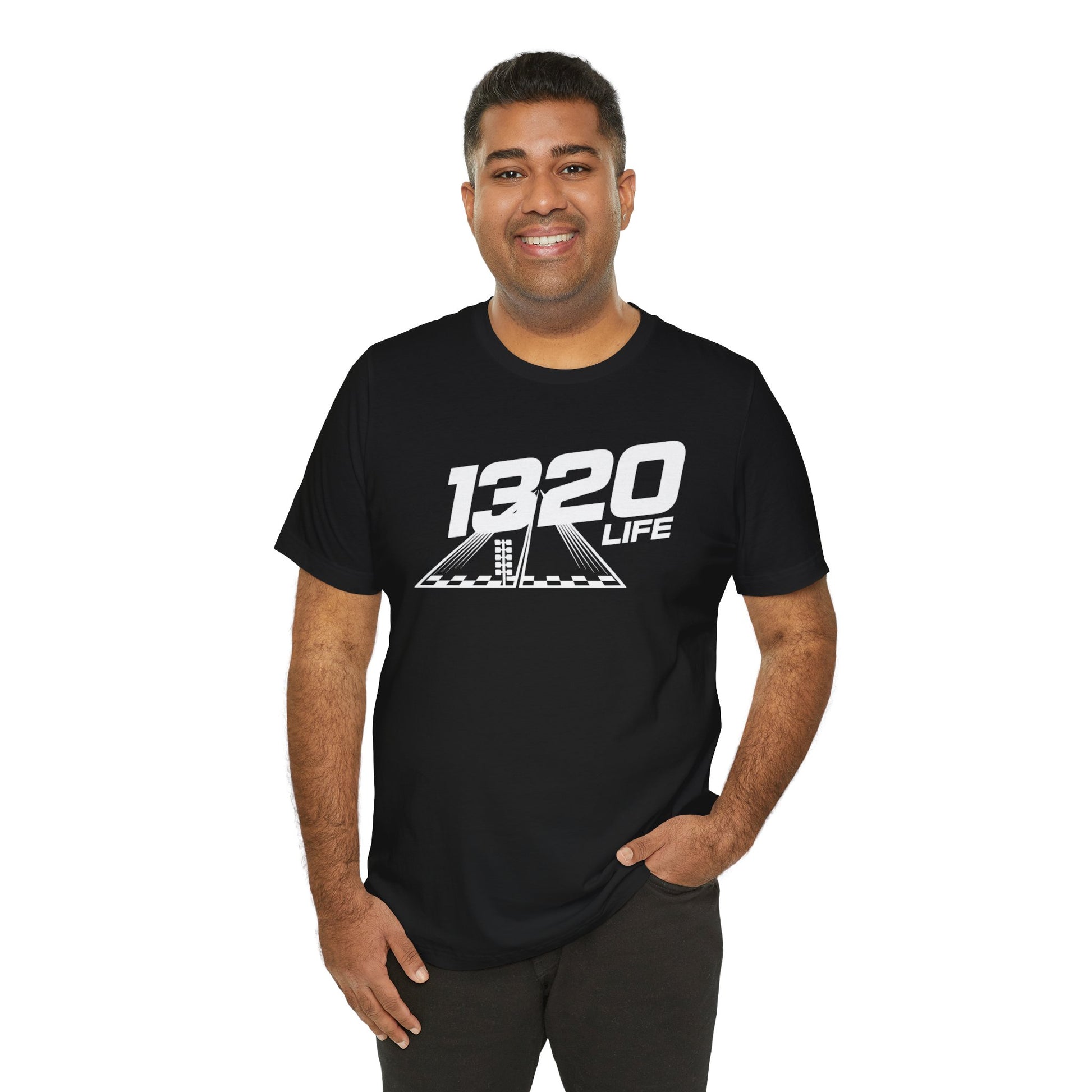 Man wearing a black t-shirt with '1320 LIFE' logo on a white background