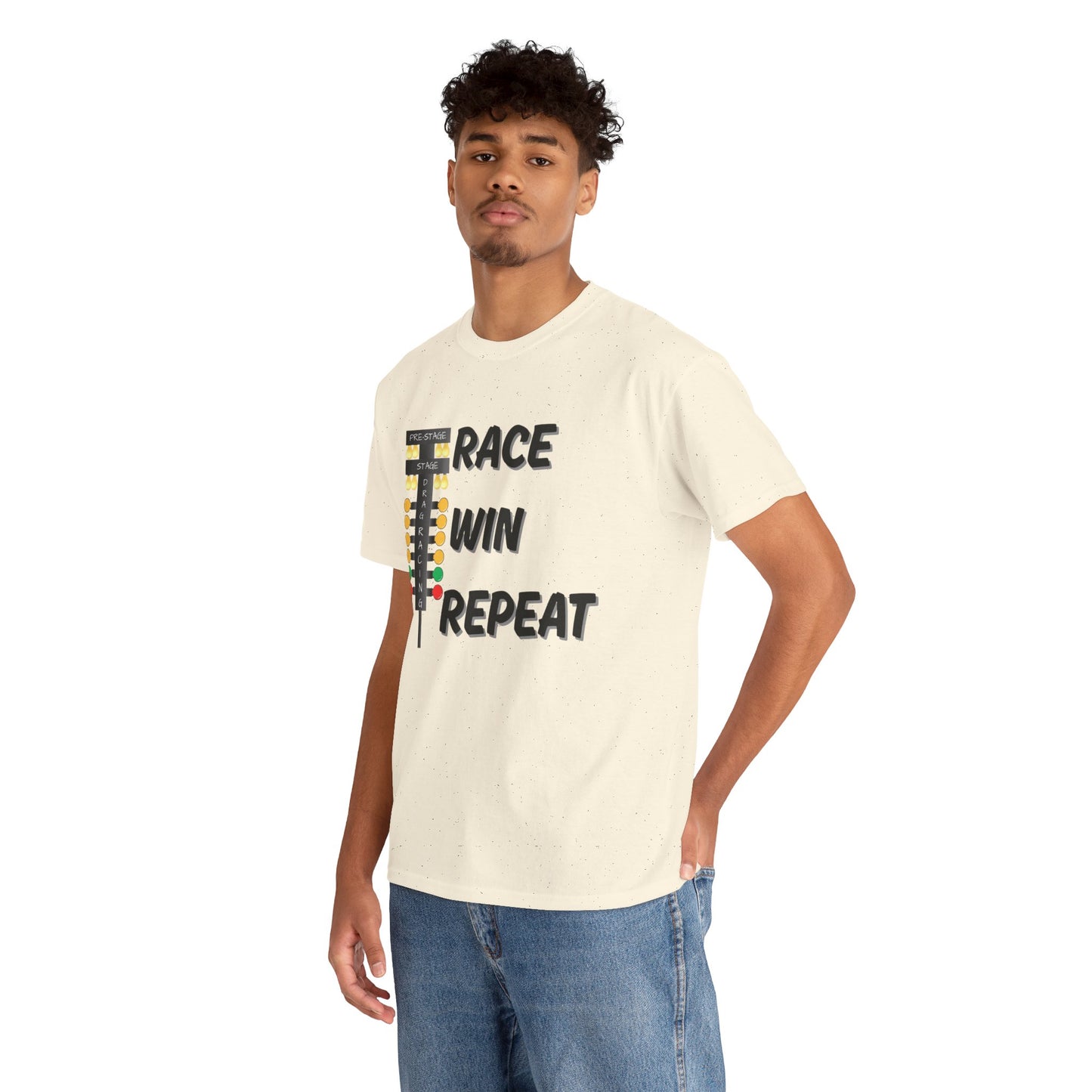 Man wearing a cream t-shirt with text 'Race Win Repeat' design on a white background