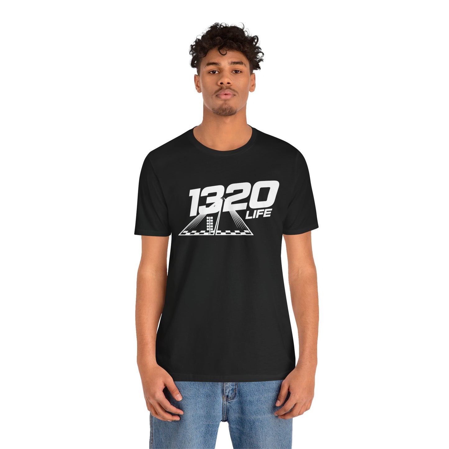 Person wearing a black t-shirt with '1320 LIFE' print on a white background