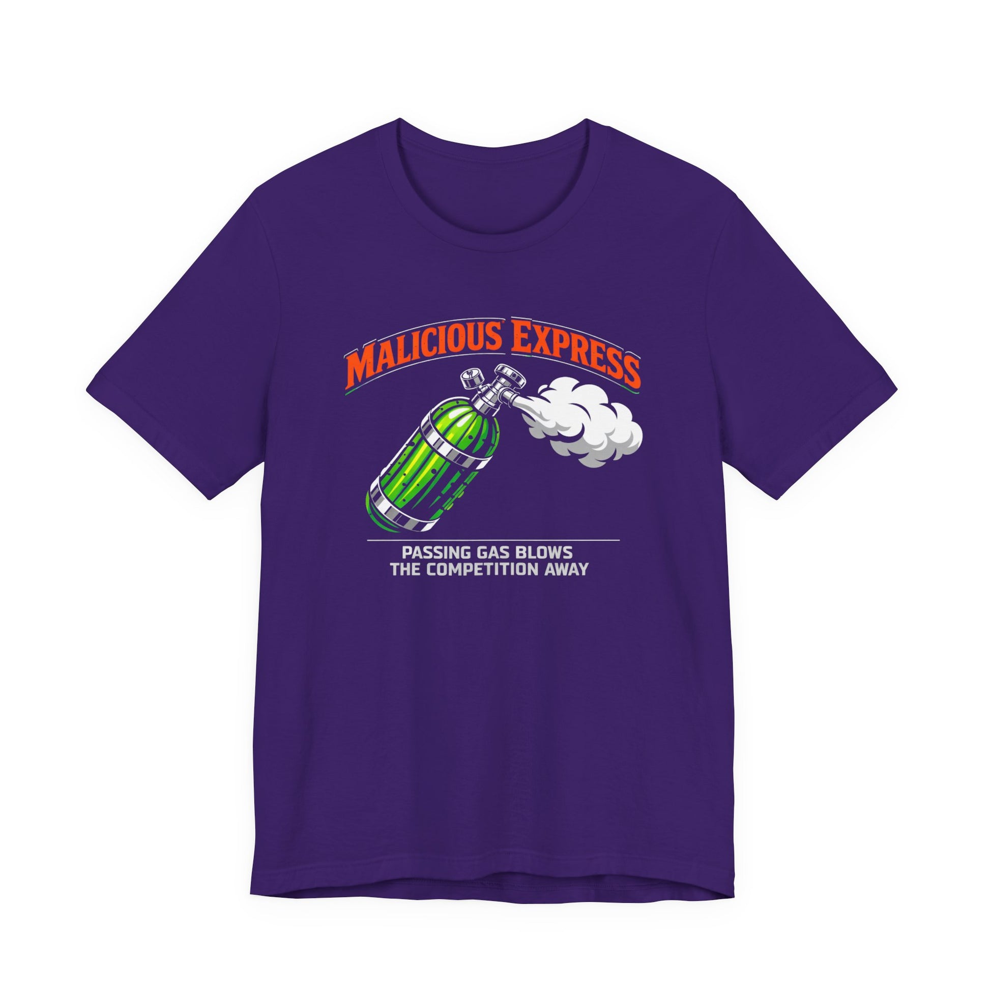 Purple t-shirt with a graphic design of a bottle and 'Malicious Express Passing Gas Blows The Competition Away' text on a white background