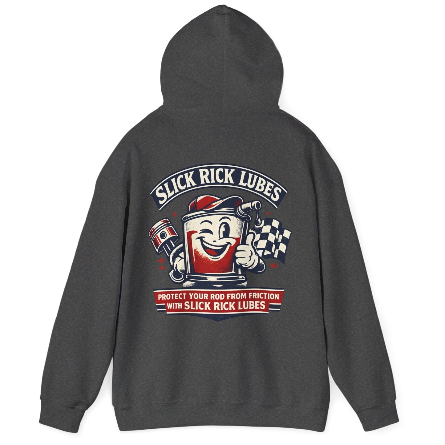 Gray hoodie with 'Slick Rick Lubes' graphic on the back against a white background