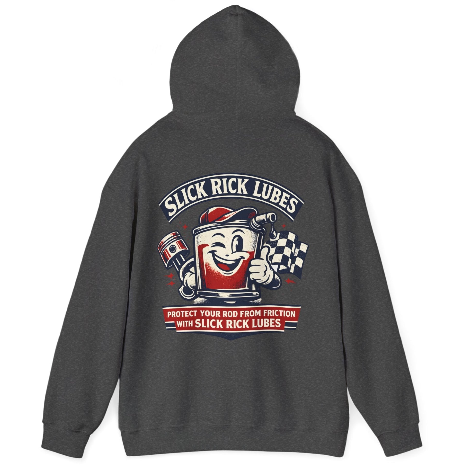 Gray hoodie with 'Slick Rick Lubes' graphic on the back against a white background