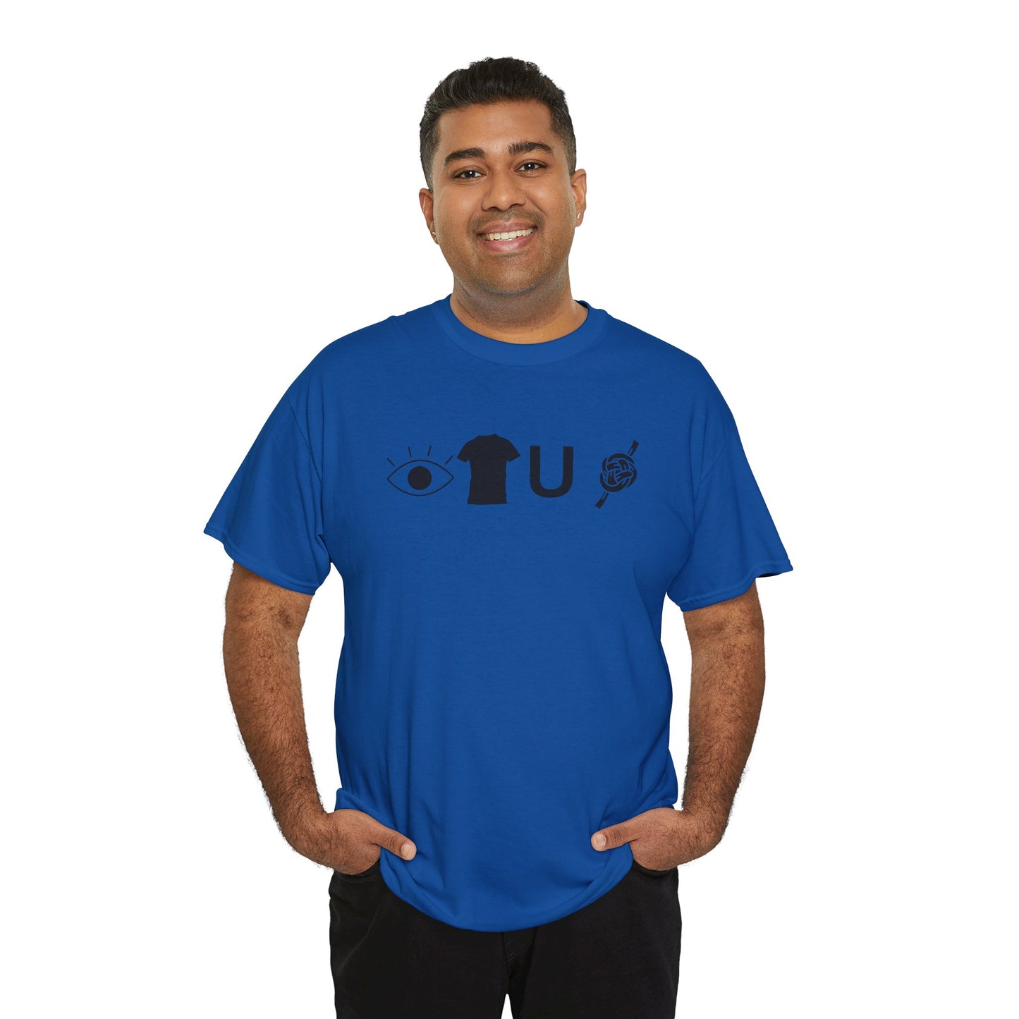 Man wearing a blue t-shirt with a black graphic design on a white background