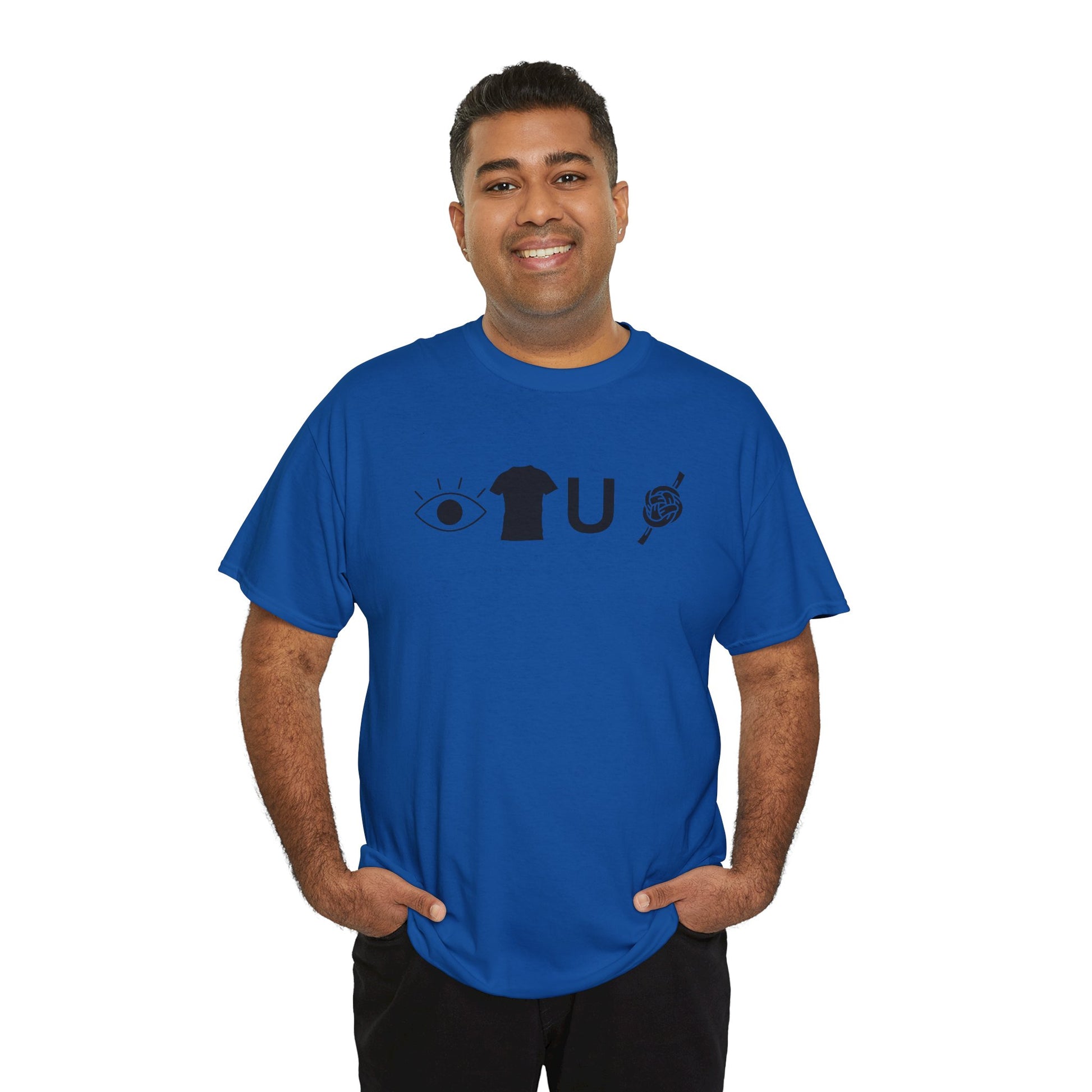 Man wearing a blue t-shirt with a black graphic design on a white background
