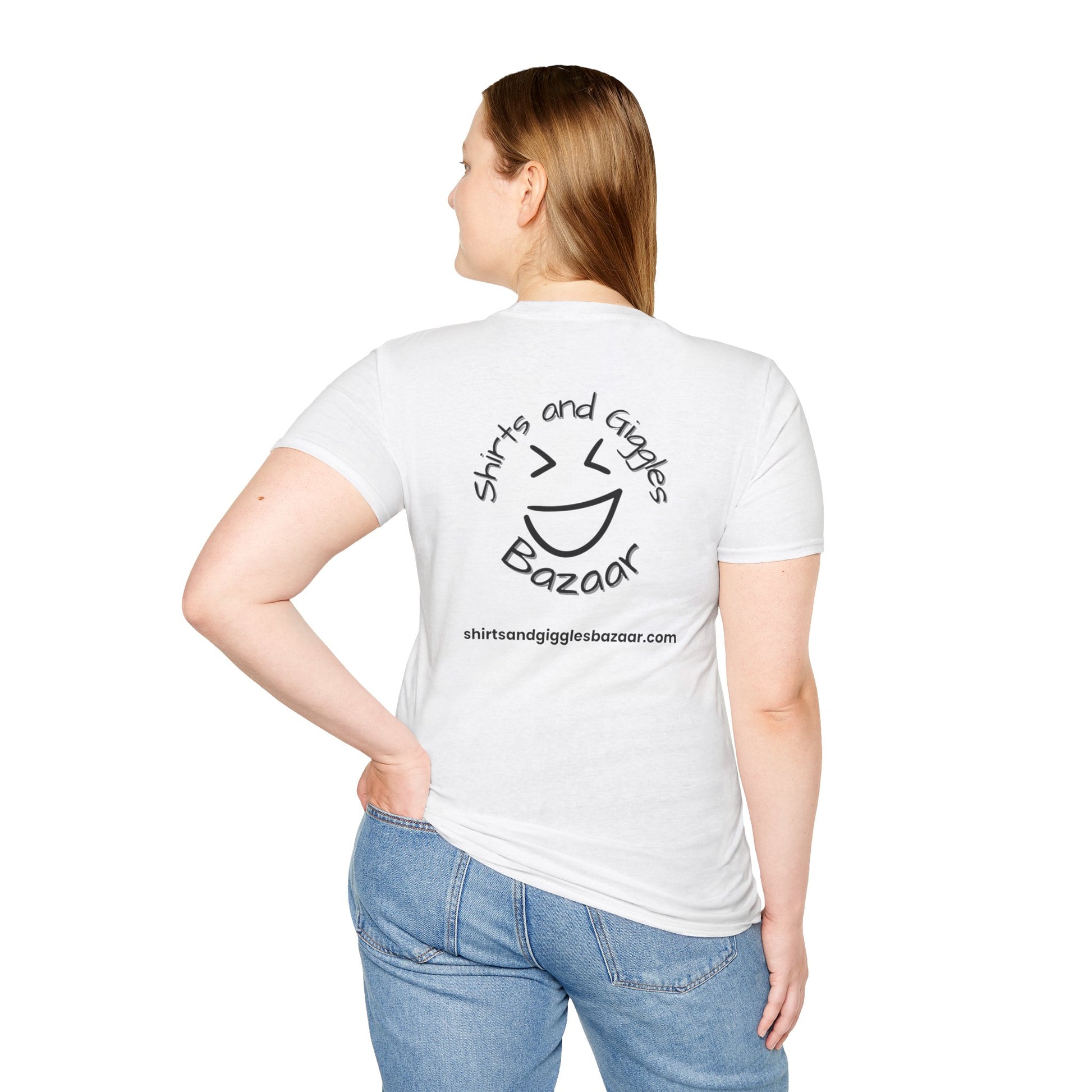 Person wearing a white t-shirt with a 'Shirts and Giggles Bazaar' logo on the back