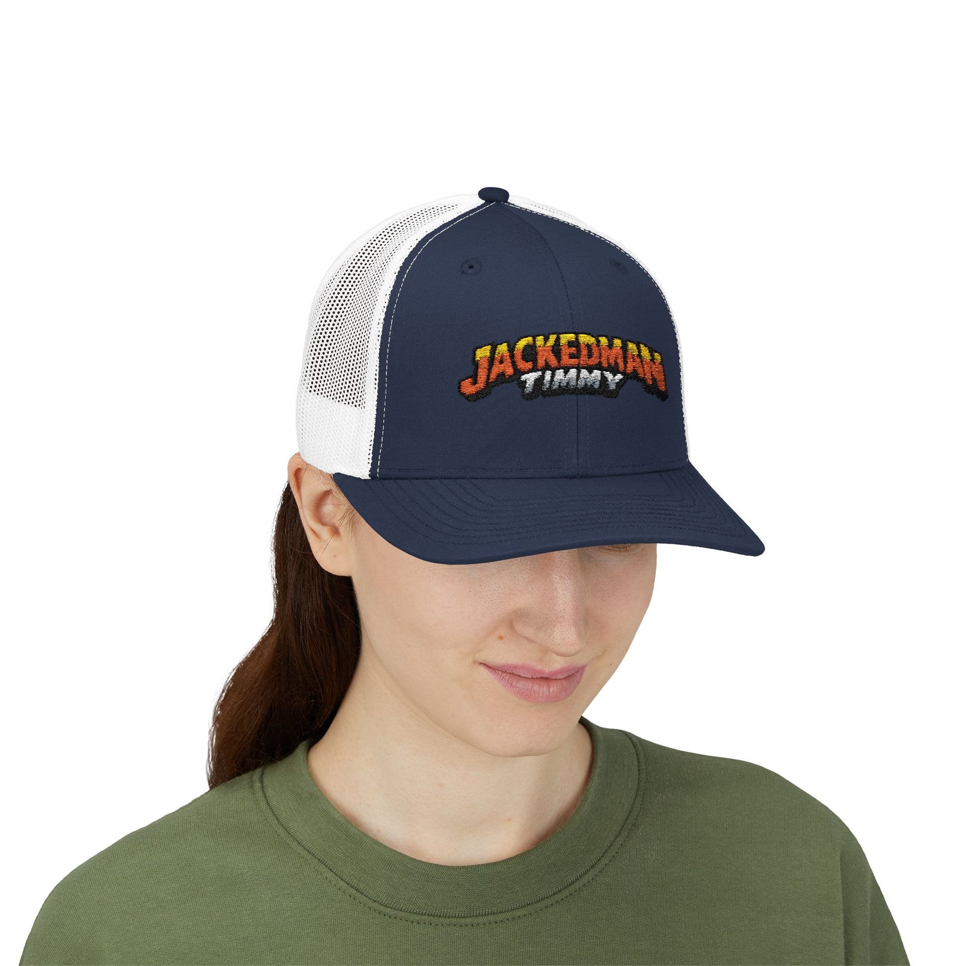 Person wearing a navy and white cap with 'Jackedman Timmy' text on a white background