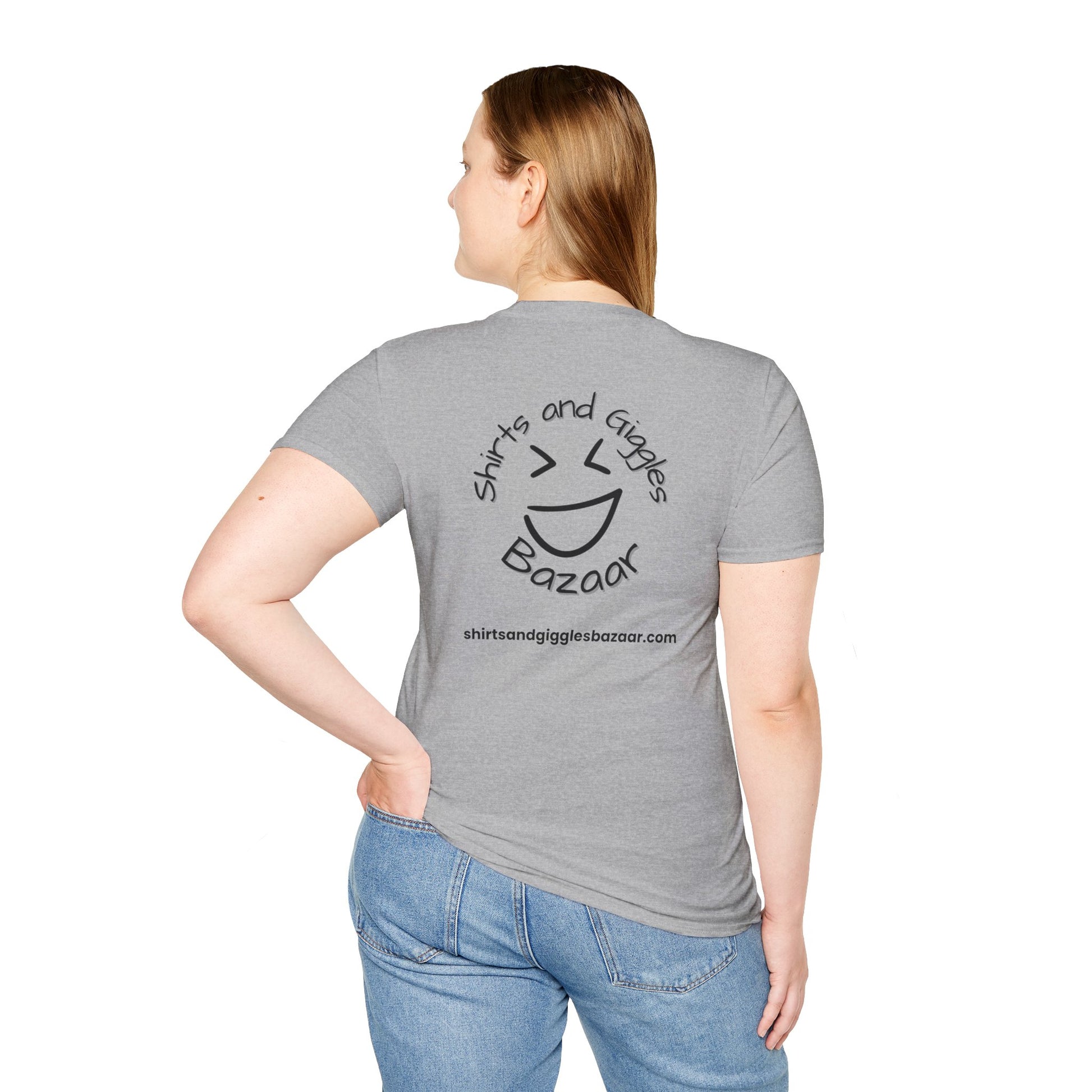Person wearing a gray t-shirt with 'Shirts and Giggles Bazaar' logo on the back.