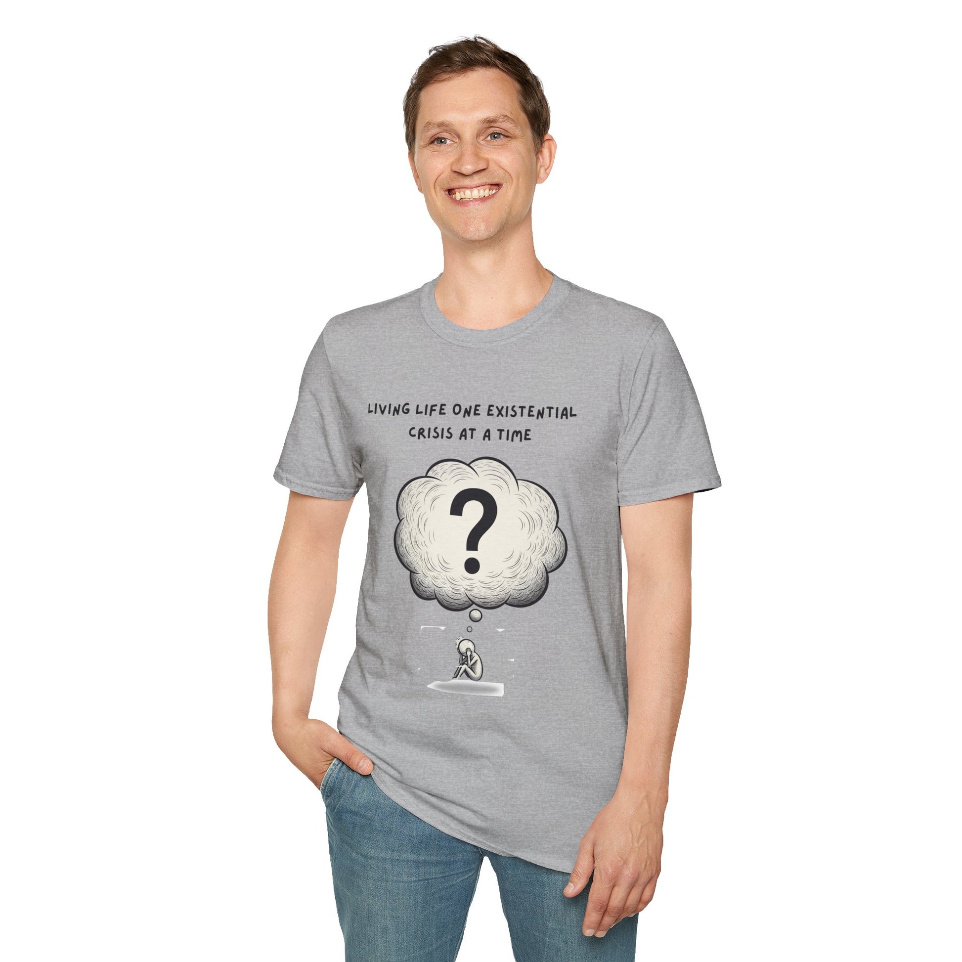 Person wearing a gray t-shirt with a graphic and text 'Living Life One Existential Crisis At A Time' on a white background