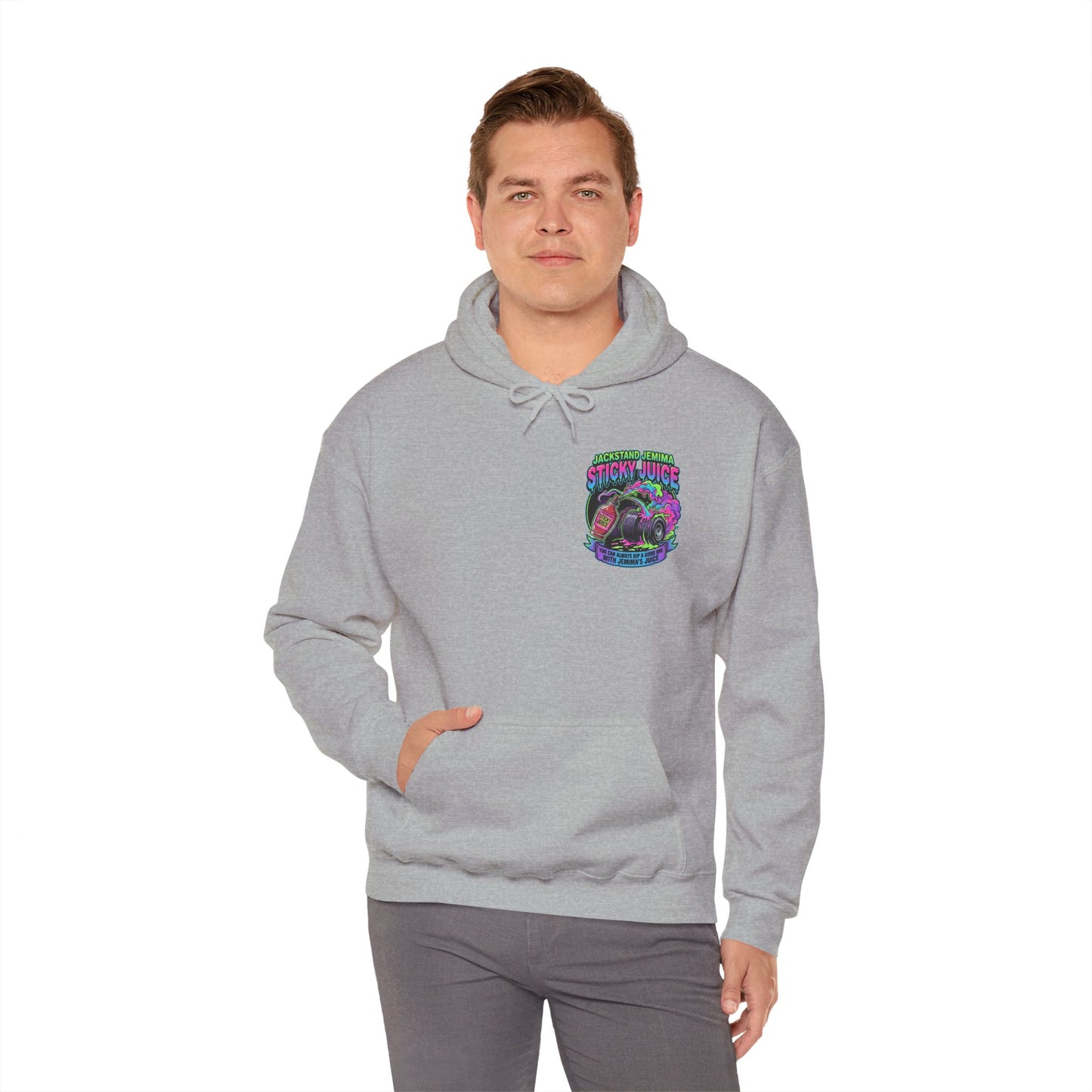 Person wearing a gray hoodie with a colorful graphic 'Jackstand Jemima' logo on a white background