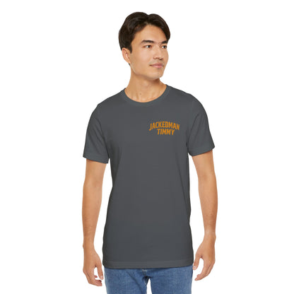 Man wearing a gray t-shirt with yellow text 'Jackedman Timmy' on a white background