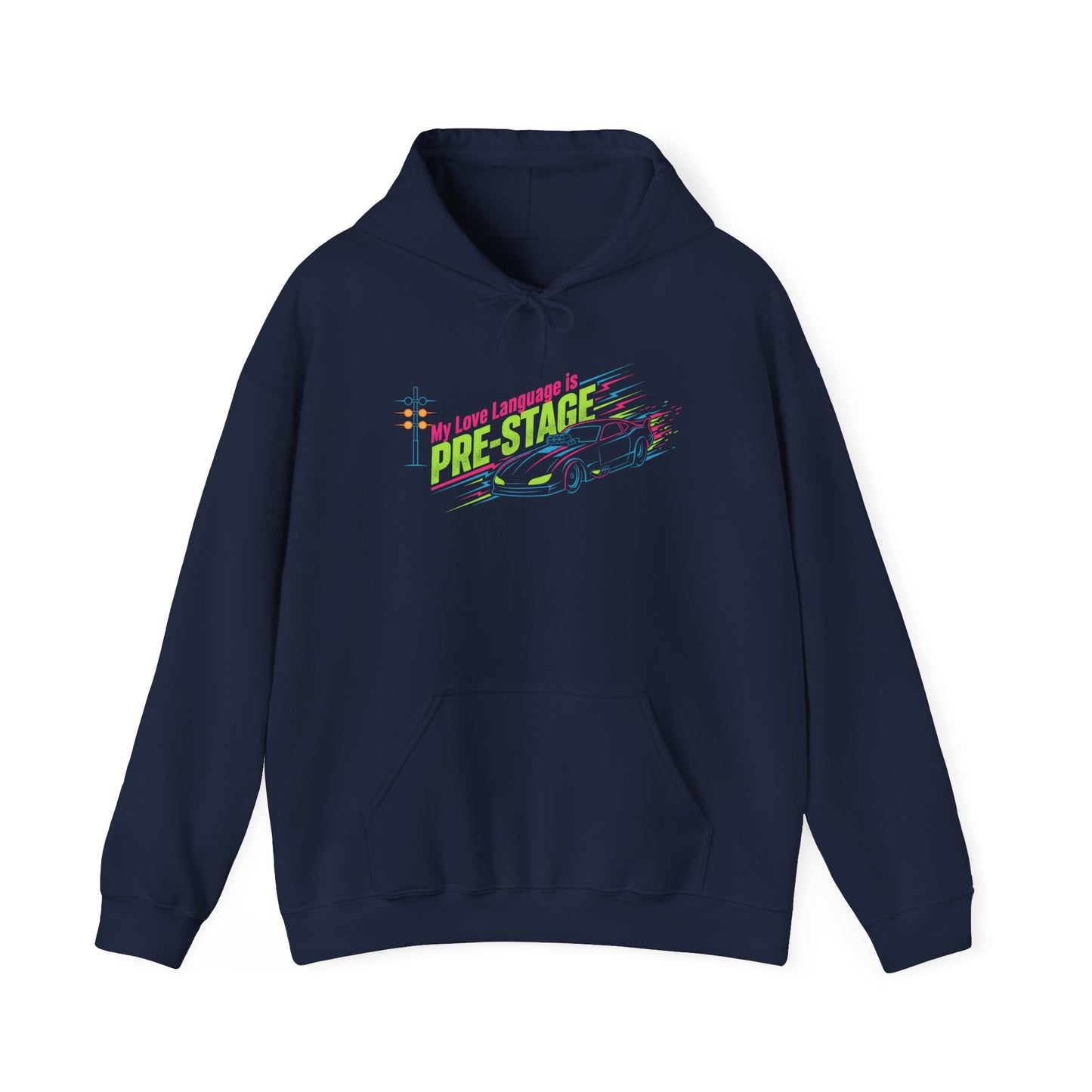 Navy blue hoodie with colorful graphic design and text 'My Love Language is Pre-Stage' on a white background