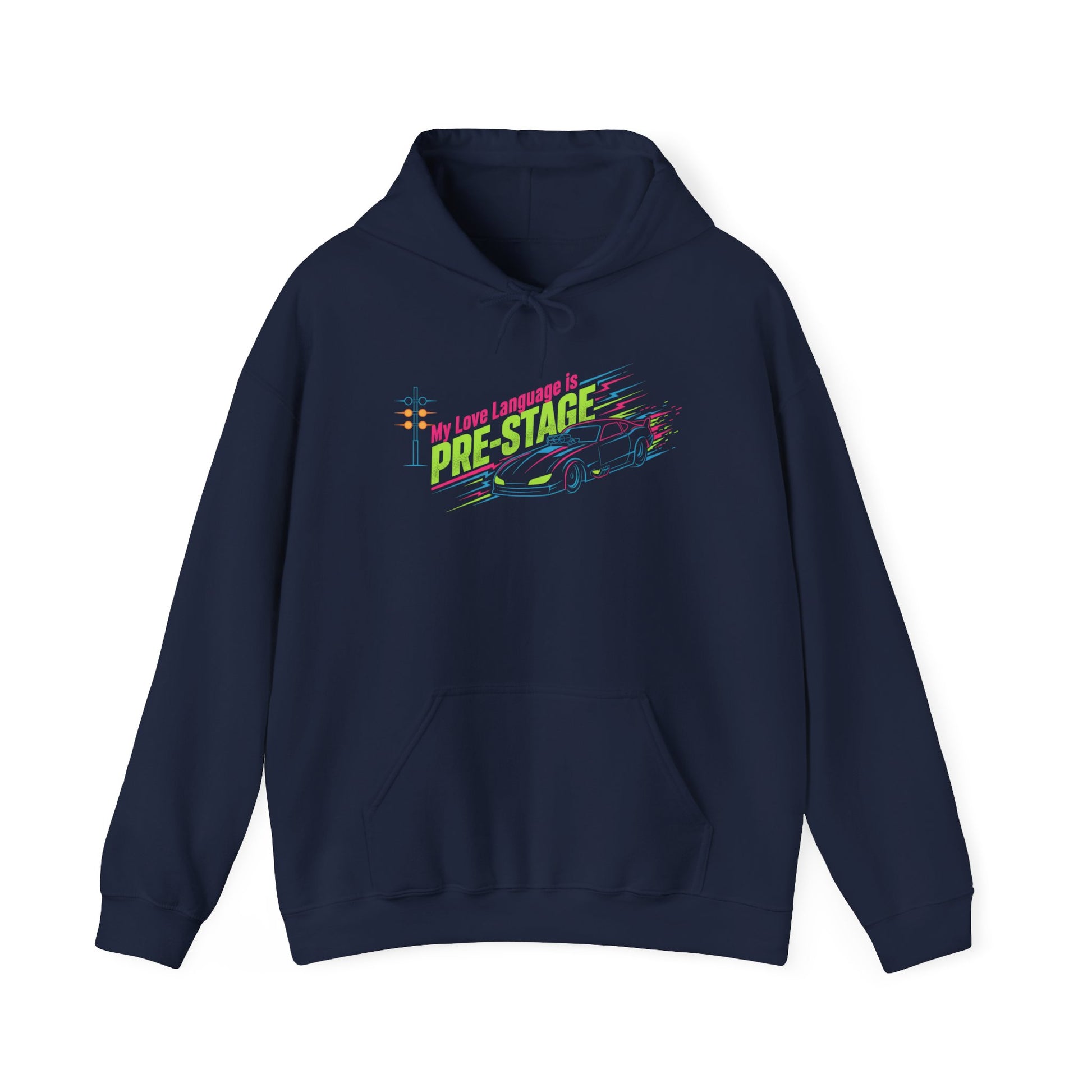 Navy blue hoodie with colorful graphic design and text 'My Love Language is Pre-Stage' on a white background