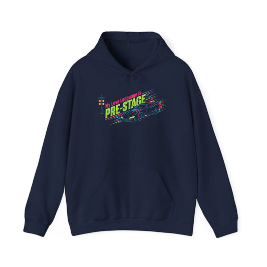 Navy blue hoodie with colorful graphic design and text 'My Love Language is Pre-Stage' on a white background