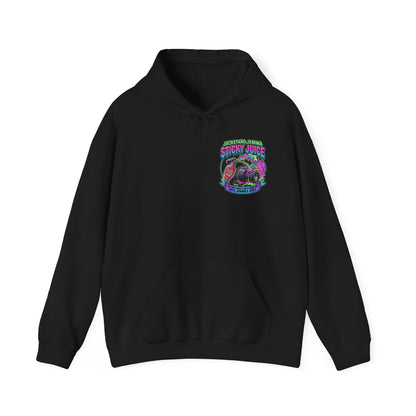 Black hoodie with colorful graphic 'Jackstand Jemima' logo on a white background
